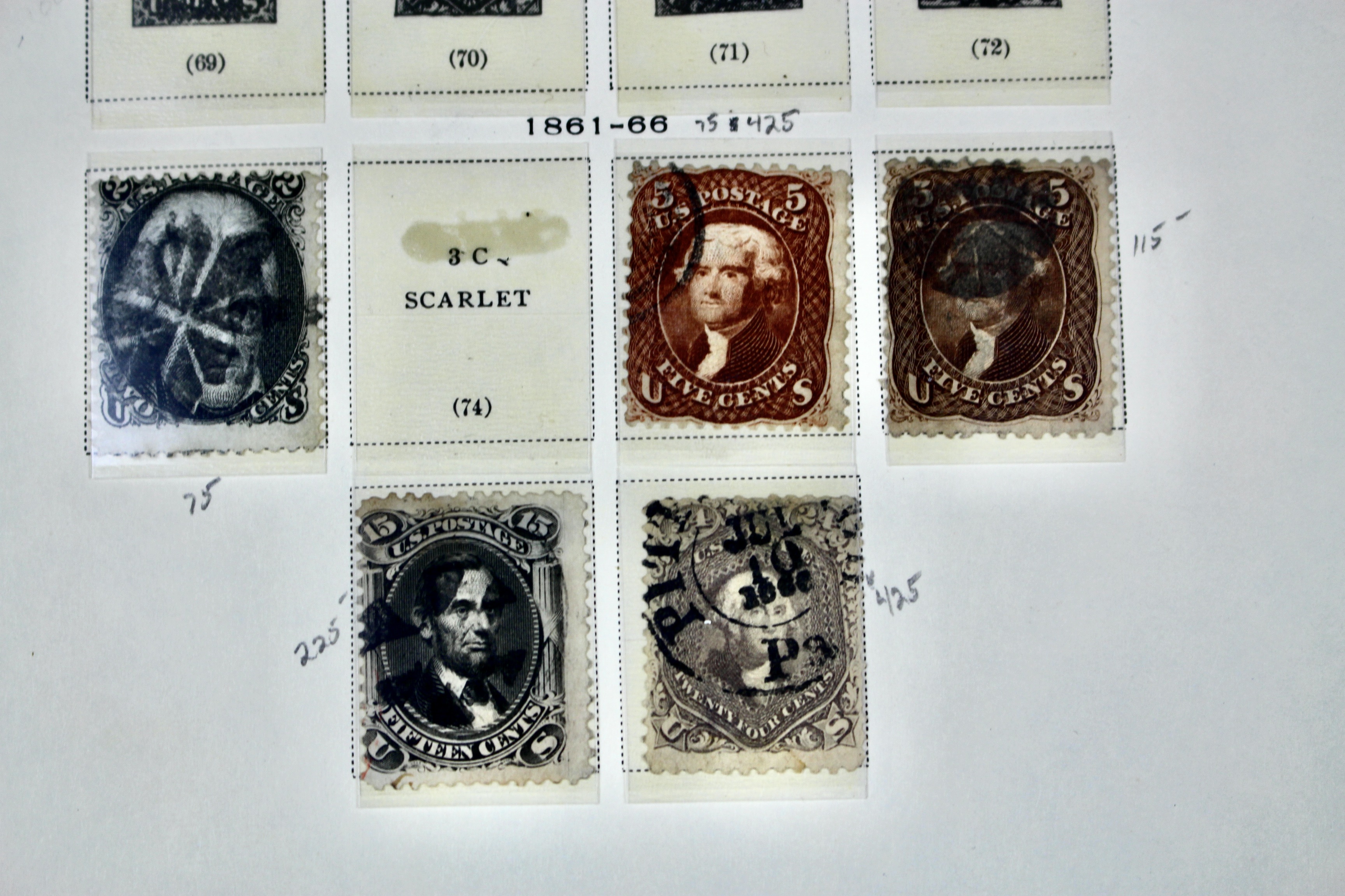 Fifteen Different Early Used U.S. Postage Stamps, 1851 to 1866