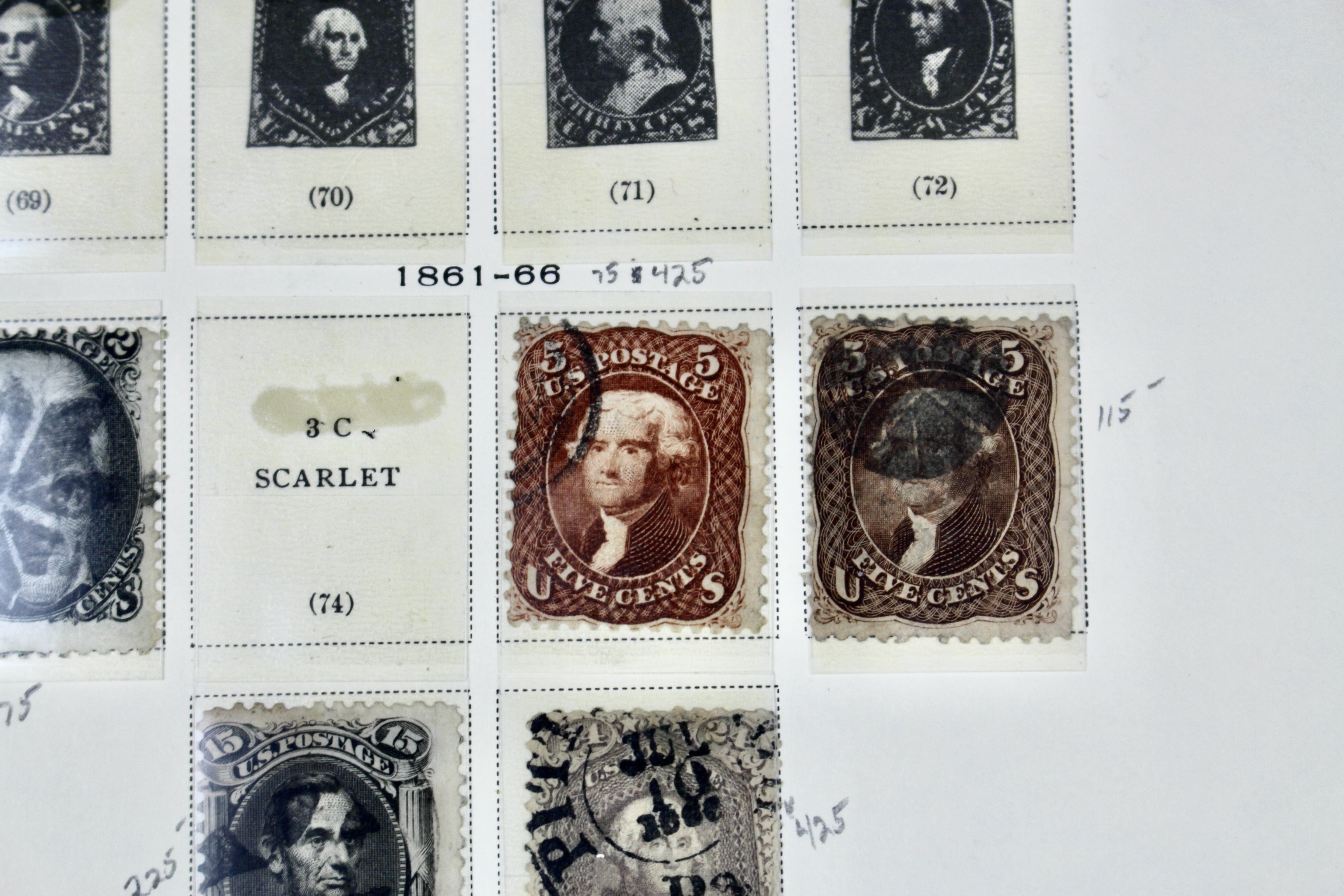 Fifteen Different Early Used U.S. Postage Stamps, 1851 to 1866