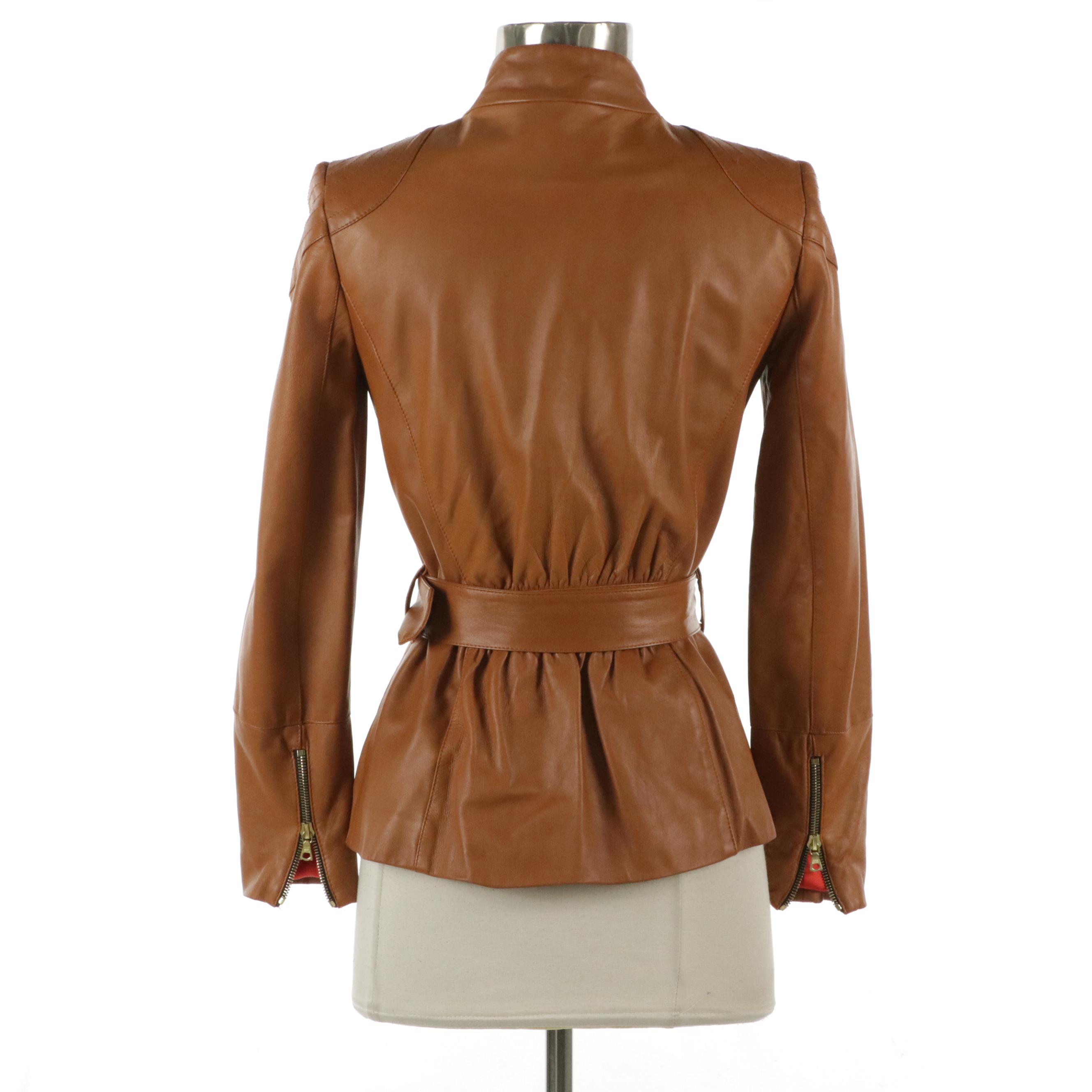 Christian Siriano Caramel Brown Belted Multi Pocket Leather Jacket