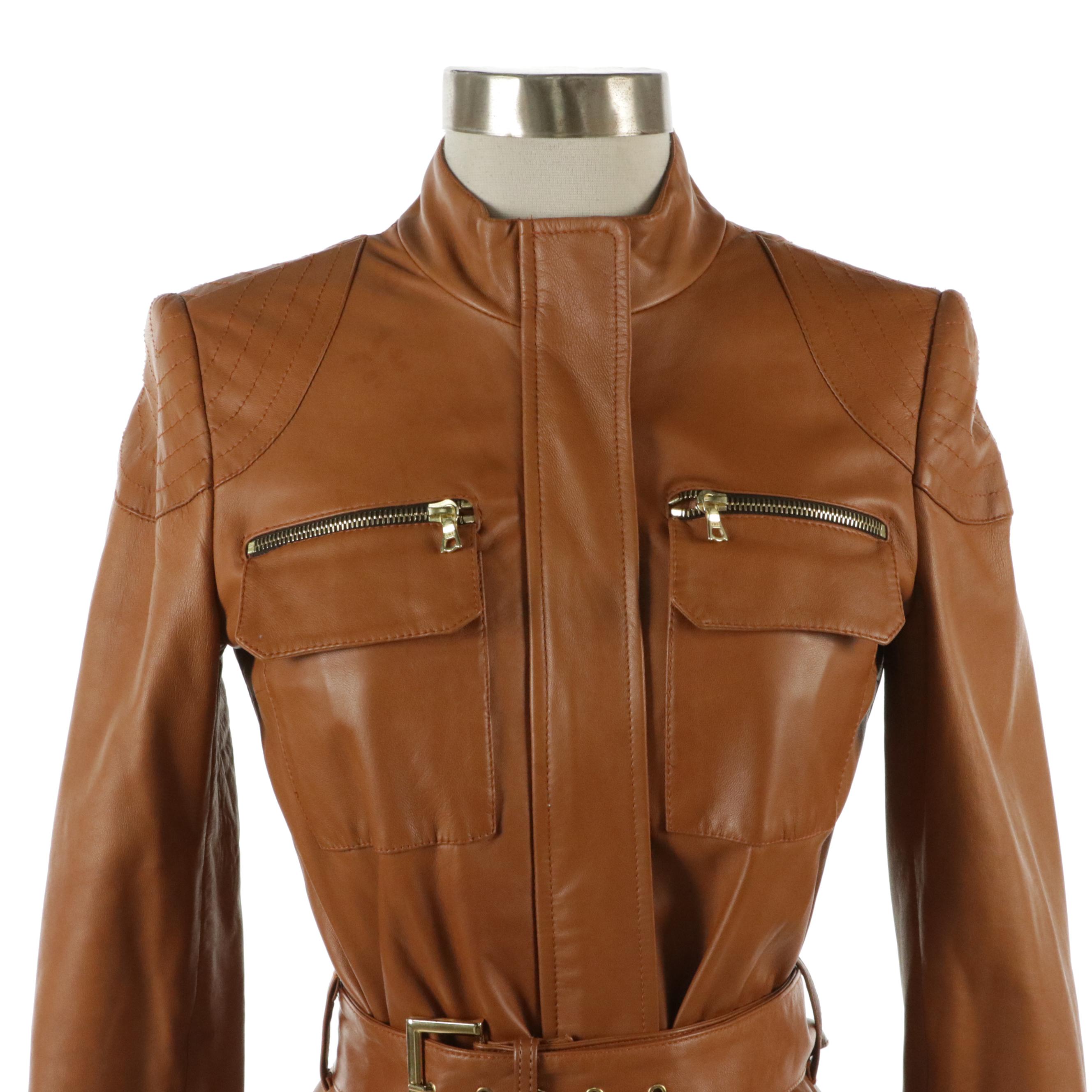 Christian Siriano Caramel Brown Belted Multi Pocket Leather Jacket