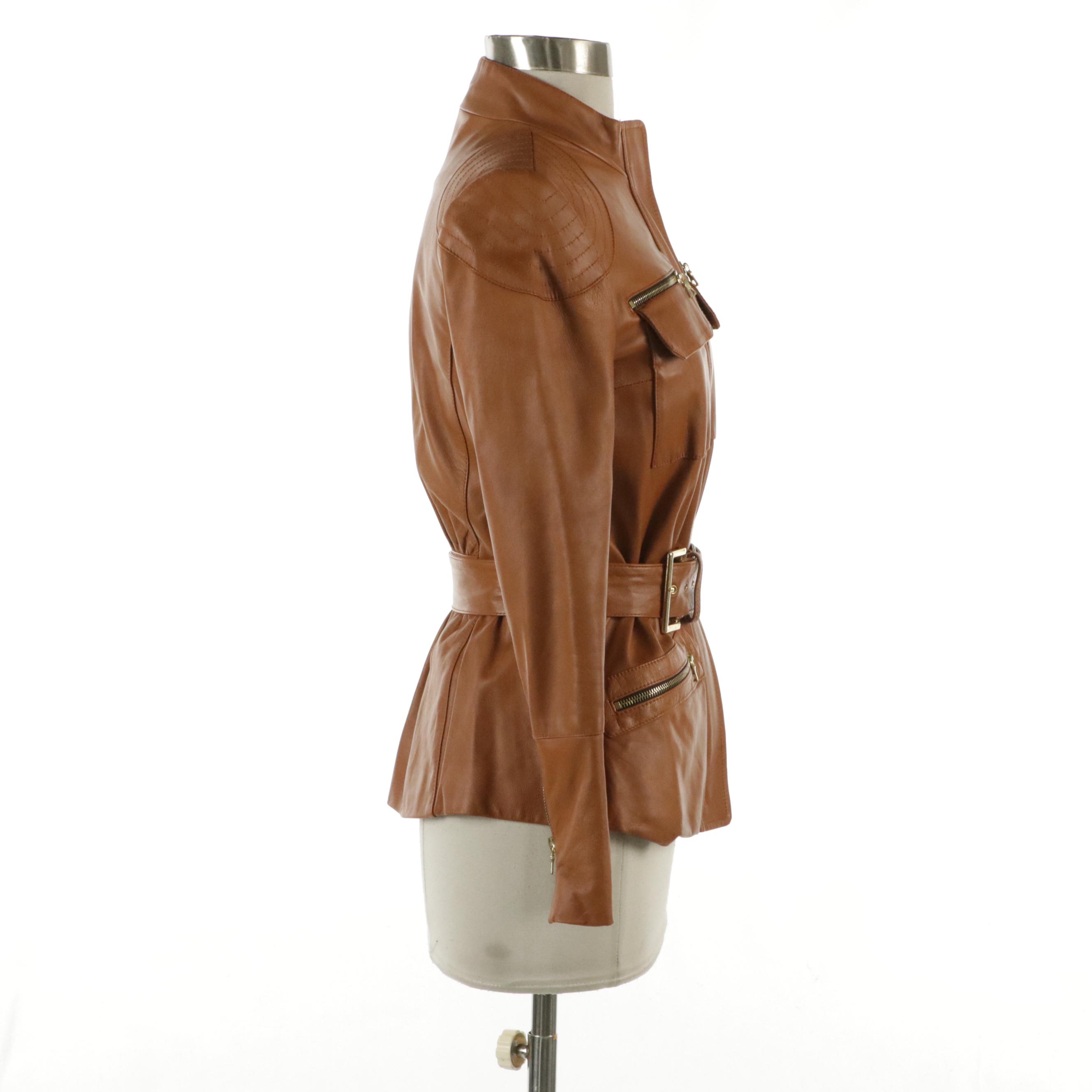 Christian Siriano Caramel Brown Belted Multi Pocket Leather Jacket