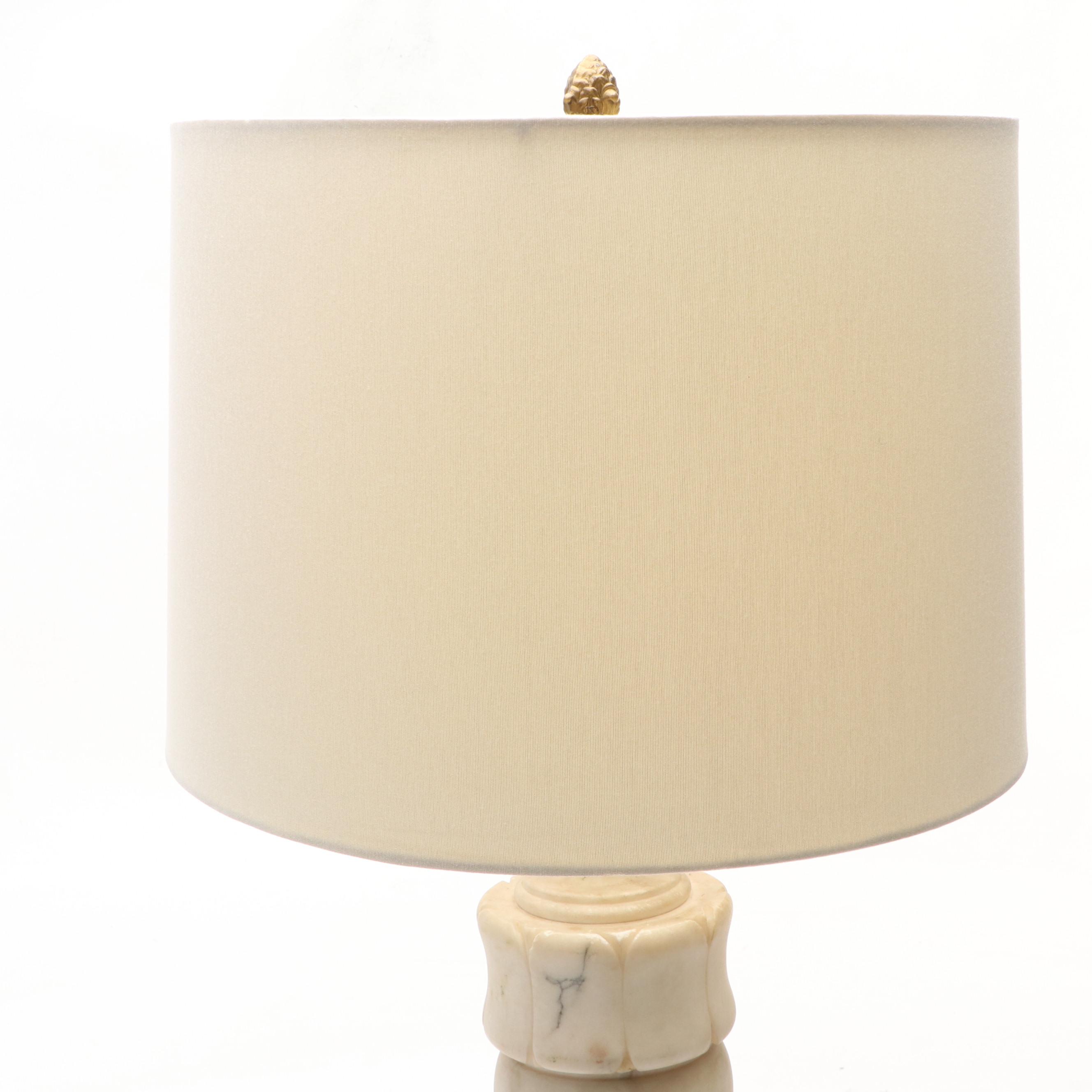 Carved Alabaster Table Lamp with Cotton Drum Shade