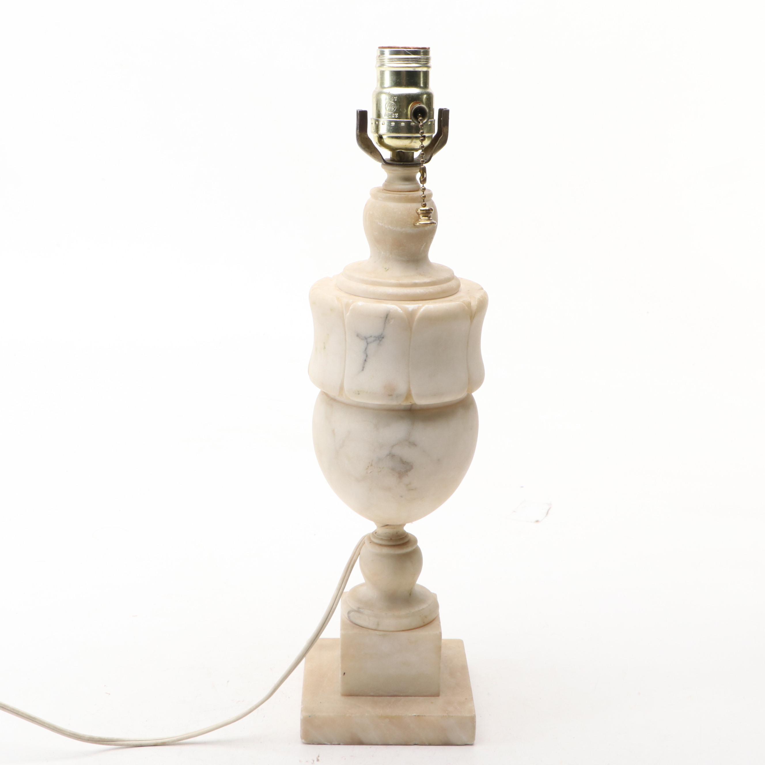 Carved Alabaster Table Lamp with Cotton Drum Shade