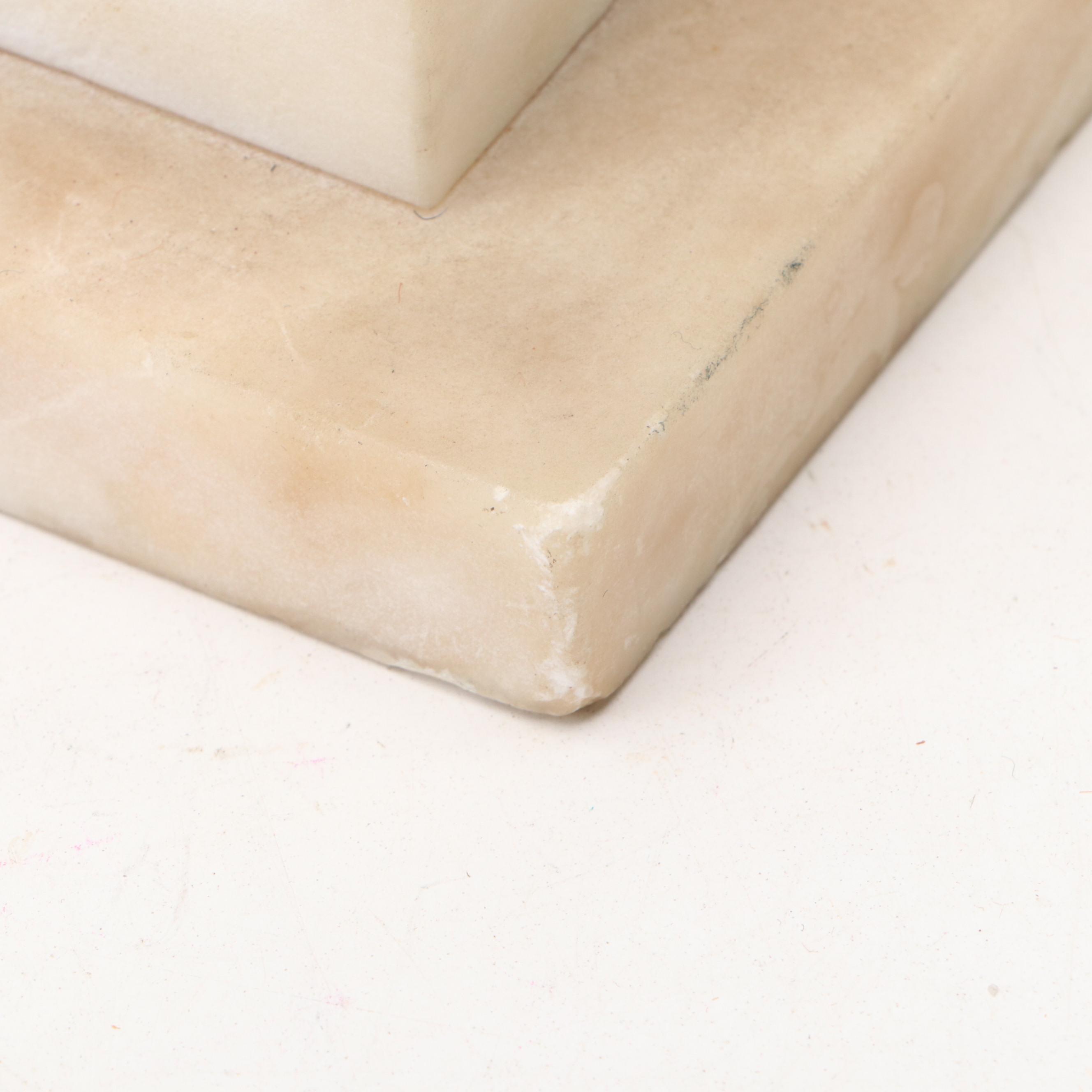 Carved Alabaster Table Lamp with Cotton Drum Shade