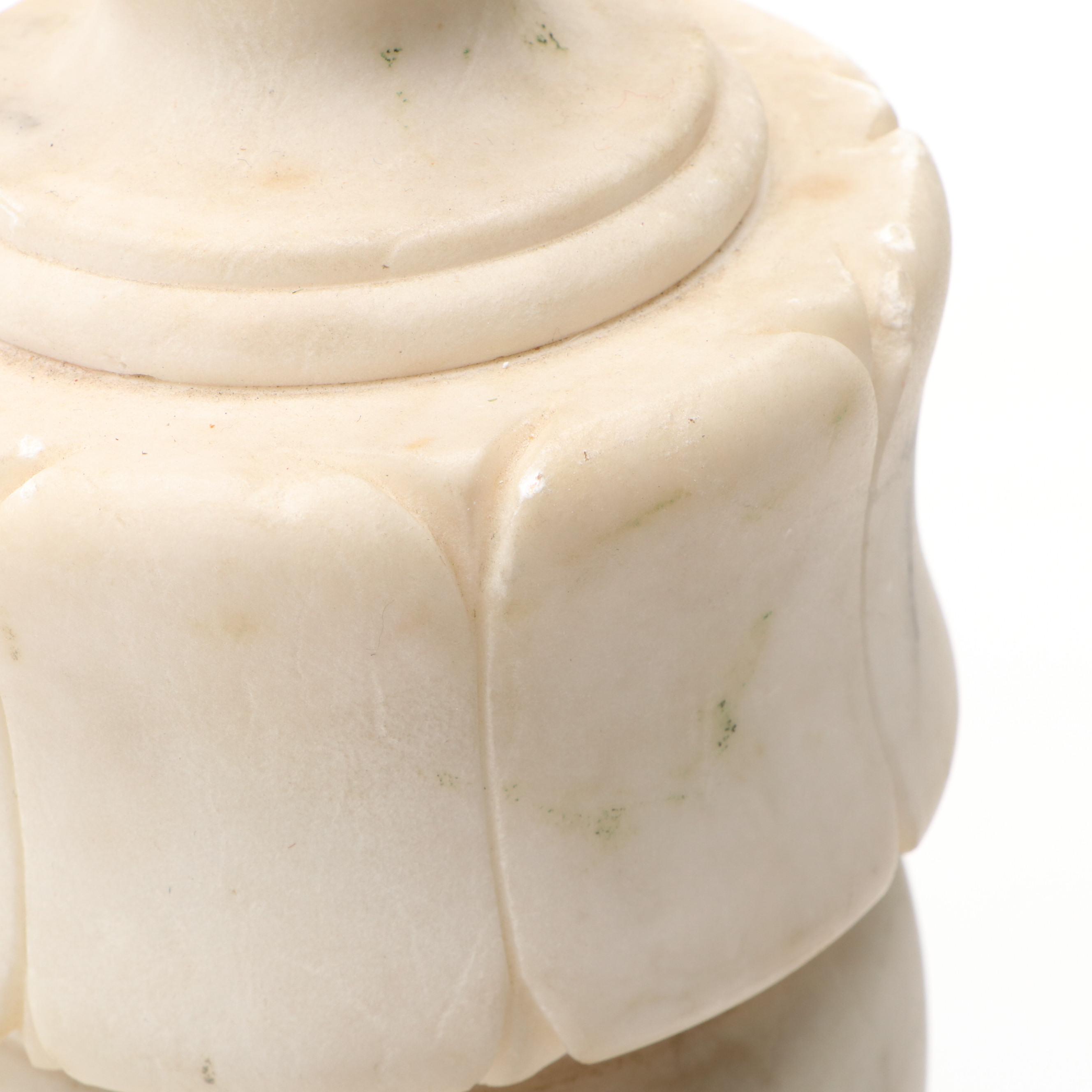 Carved Alabaster Table Lamp with Cotton Drum Shade