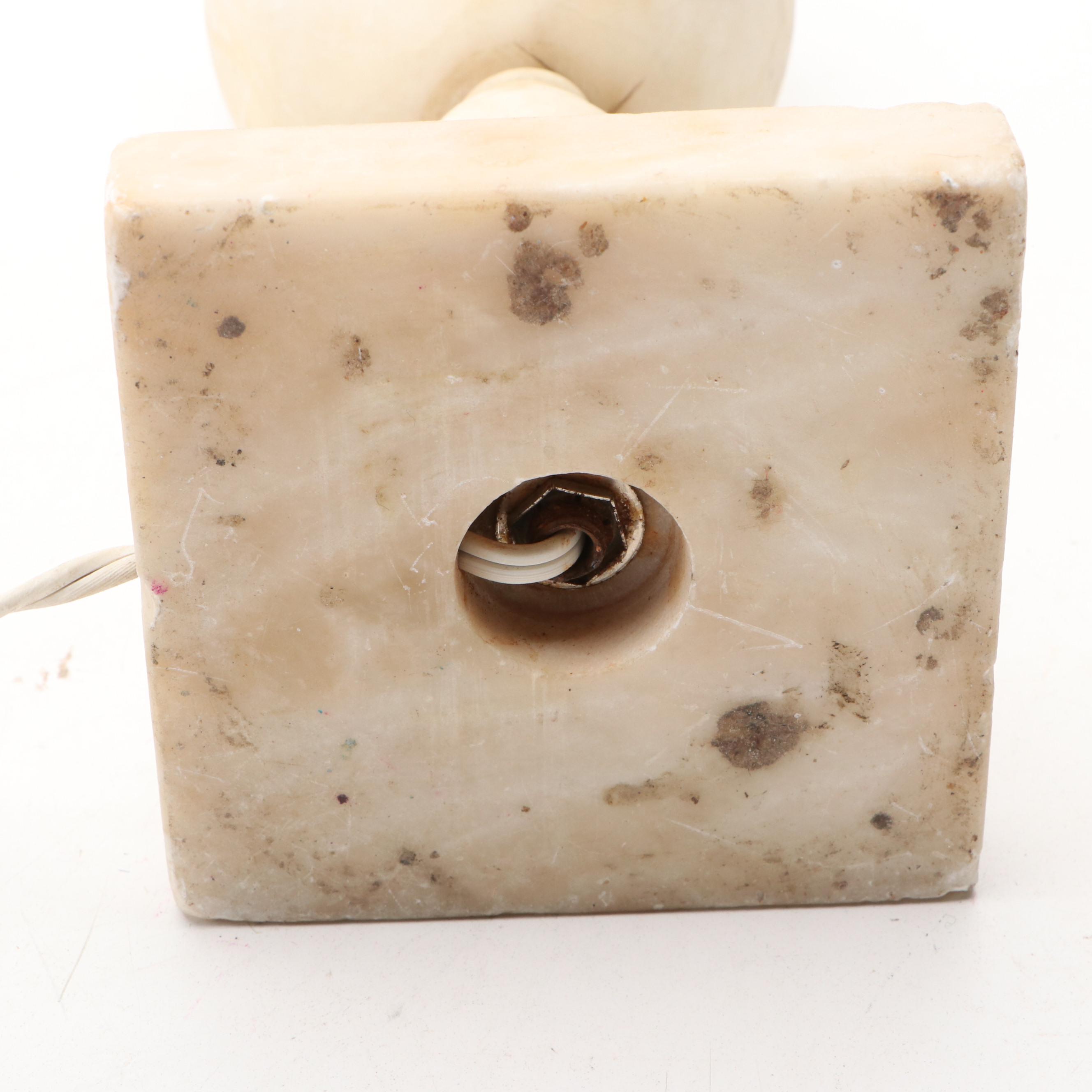 Carved Alabaster Table Lamp with Cotton Drum Shade