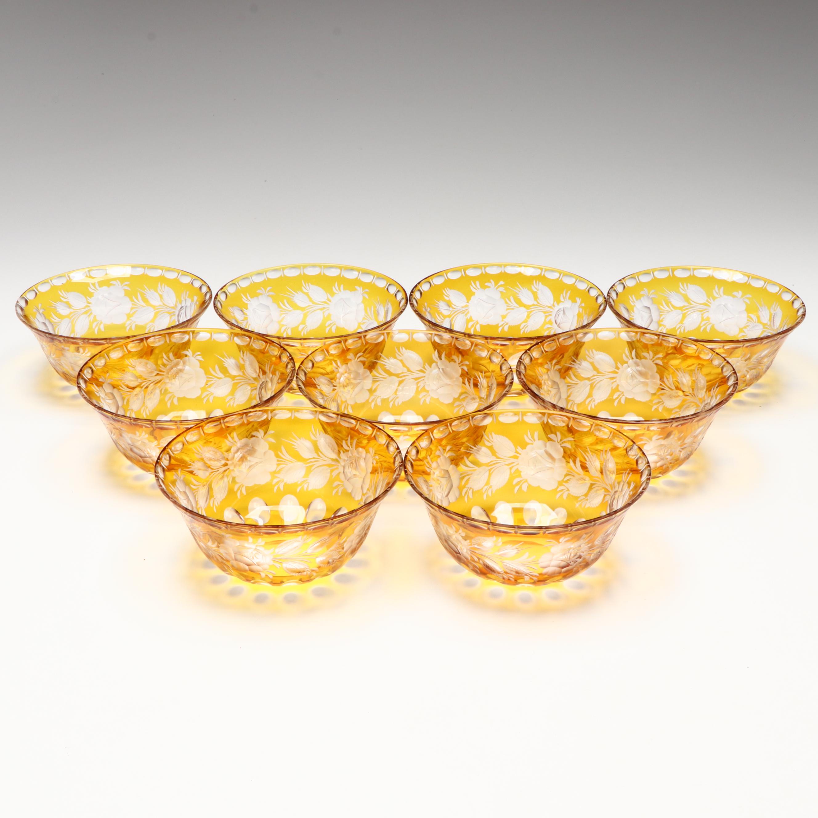 Bohmemian Style Topaz Cut to Clear Dessert Bowls and Compote