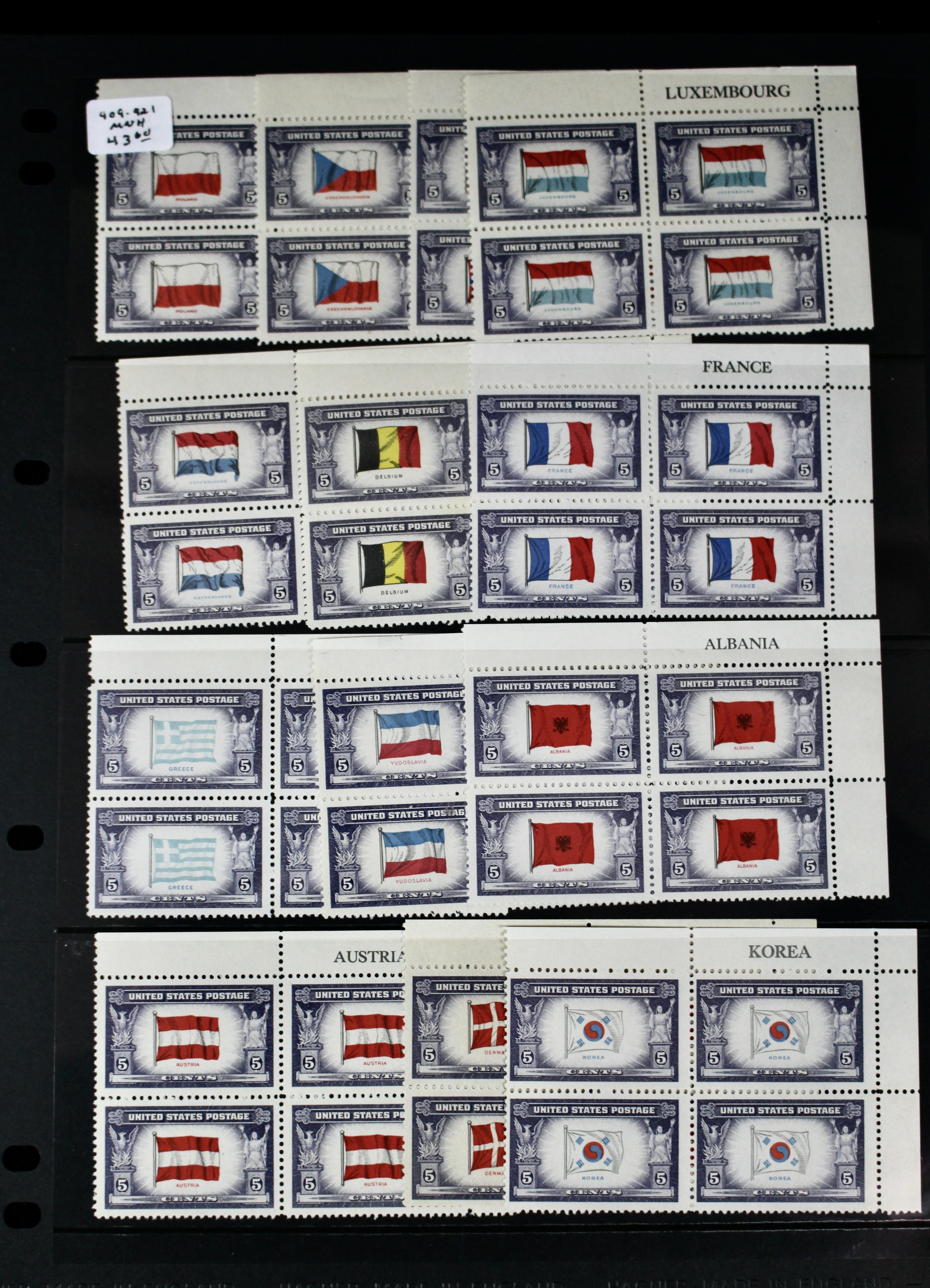 Three Series of MNH Stamp Plate Blocks, 1930s and 1940s
