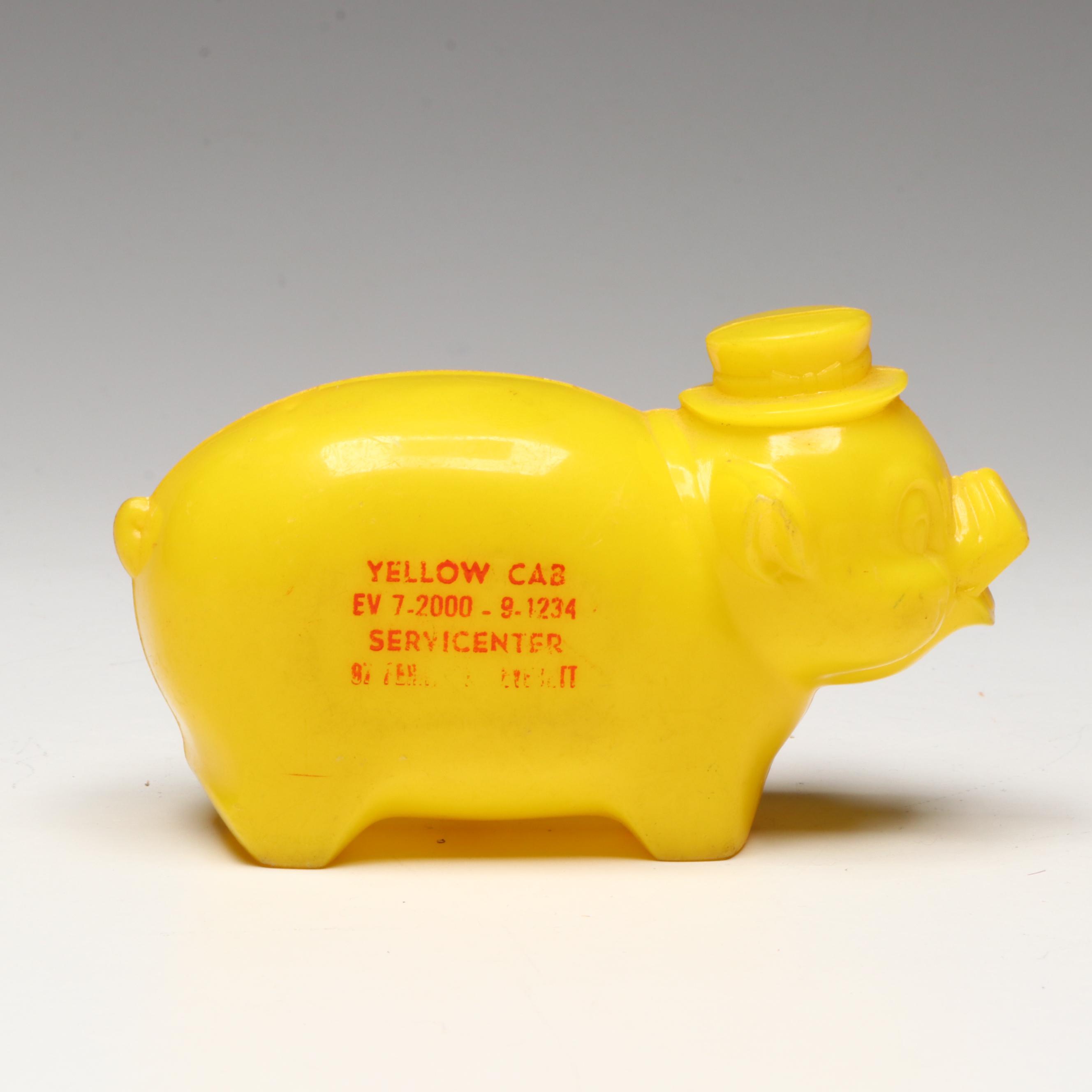 Yellow Cab Glass Ashtray with Plastic Piggy Bank and Diecast Toy Cars