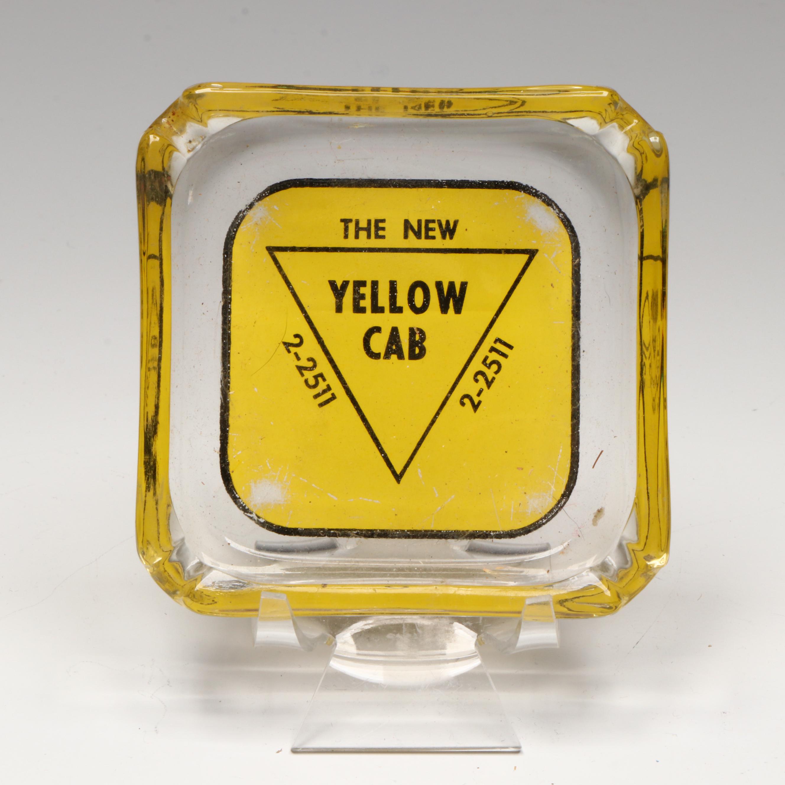 Yellow Cab Glass Ashtray with Plastic Piggy Bank and Diecast Toy Cars