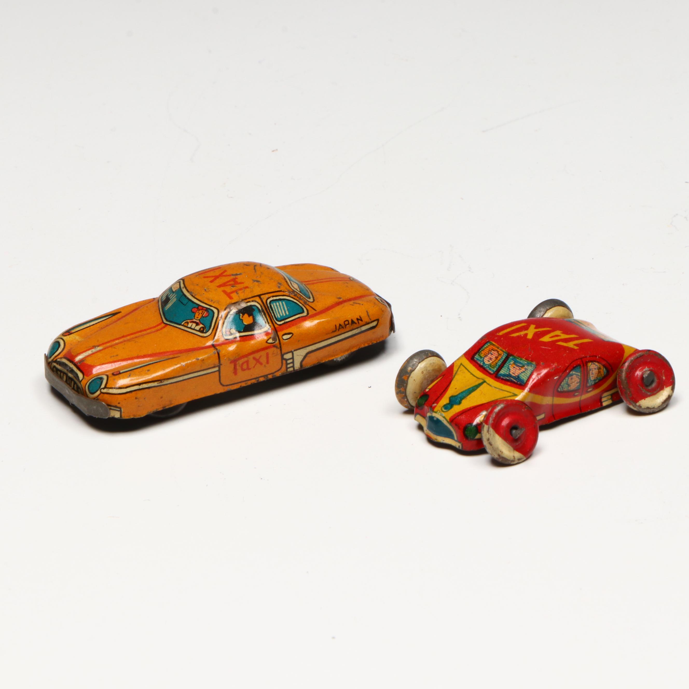 Yellow Cab Glass Ashtray with Plastic Piggy Bank and Diecast Toy Cars