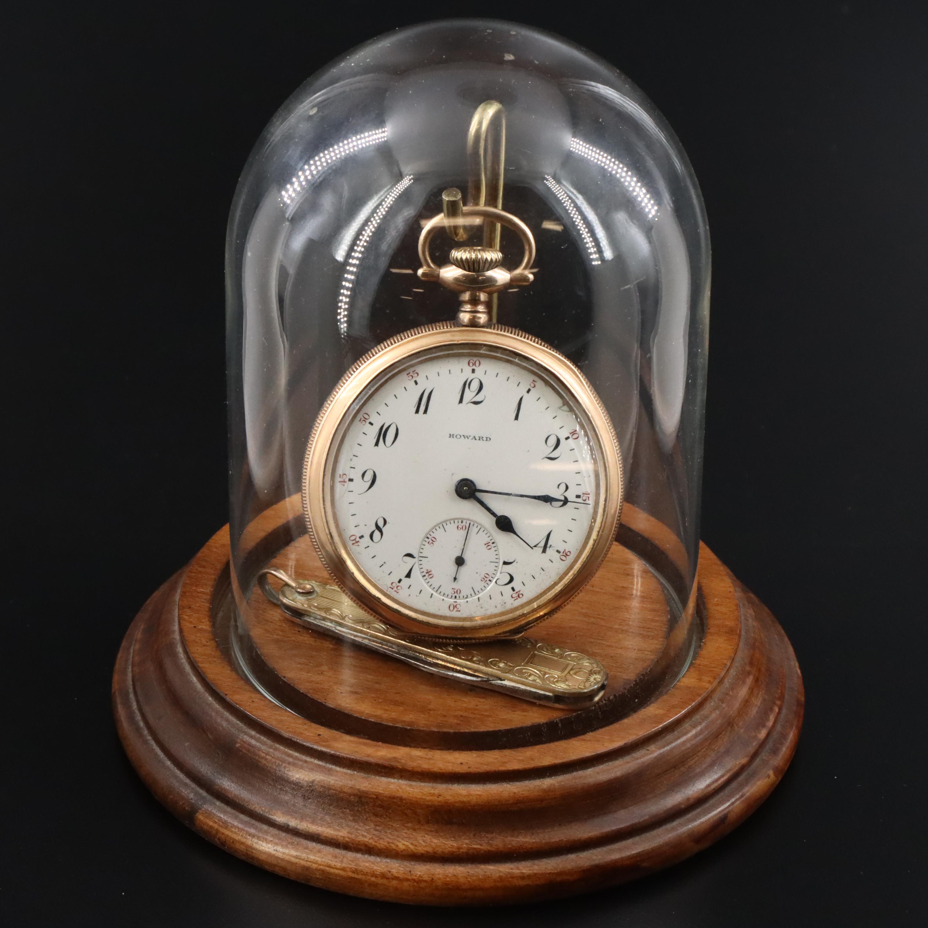 E. Howard Gold-Filled Pocket Watch with Pocket Knife and  Glass Display Dome