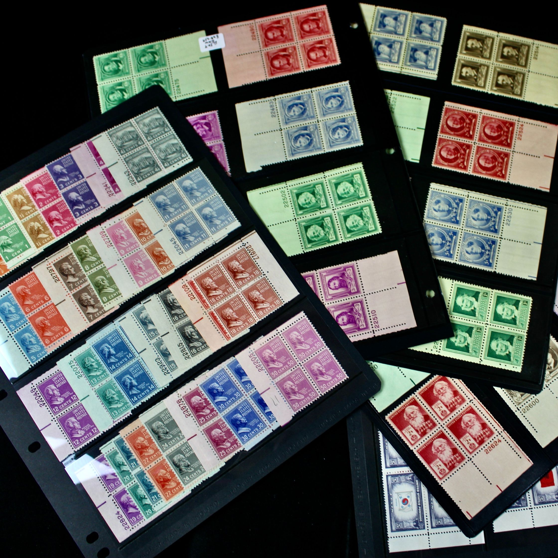 Three Series of MNH Stamp Plate Blocks, 1930s and 1940s