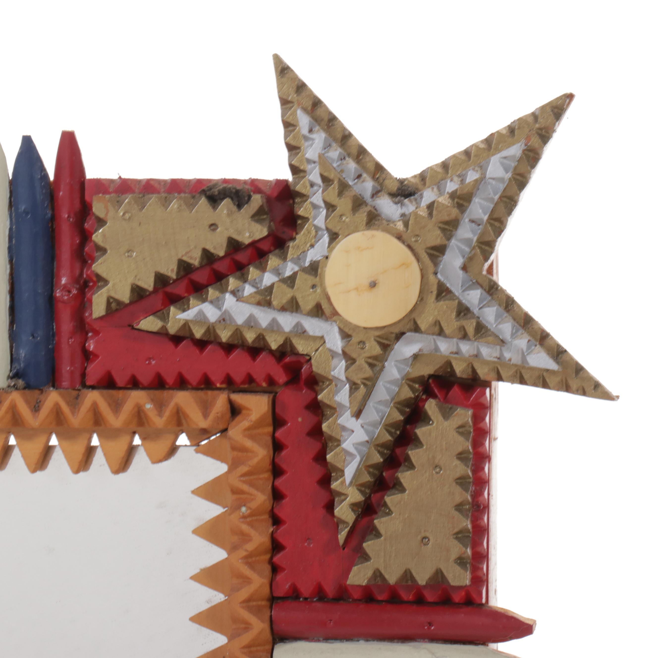 Robert Beaven Americana Red, White and Blue Painted Tramp Art Wall Mirror, 1998