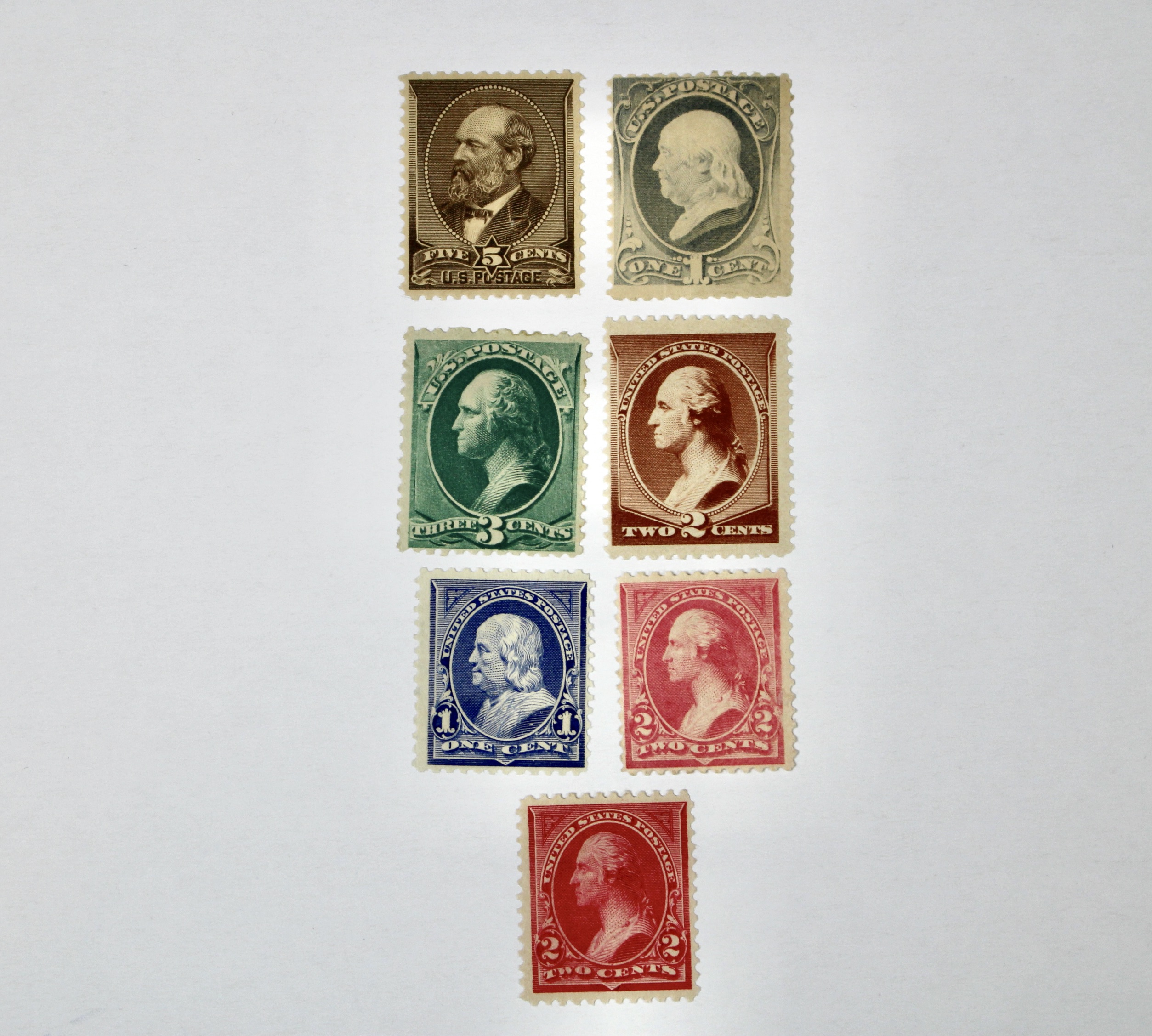 Seven Early Mint Condition U.S. Postage Stamps, Scott 205 to 250