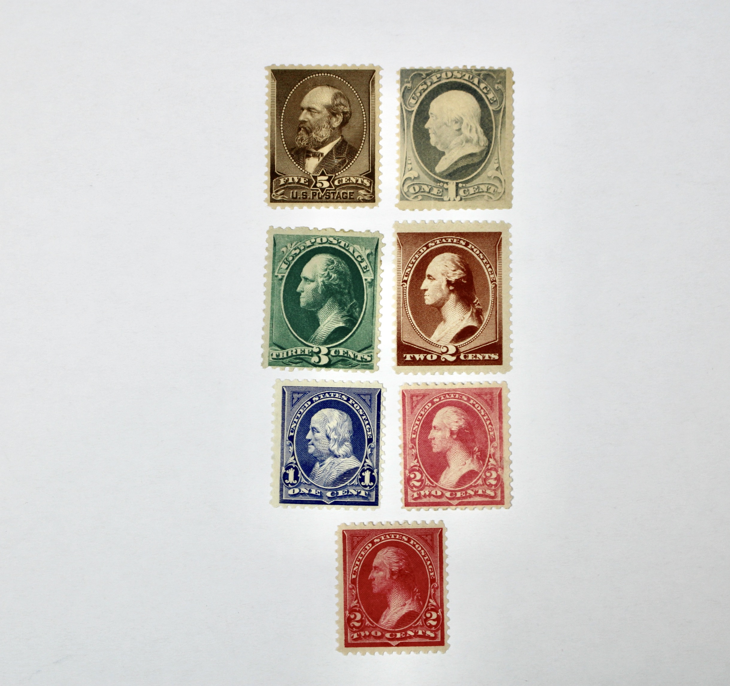 Seven Early Mint Condition U.S. Postage Stamps, Scott 205 to 250