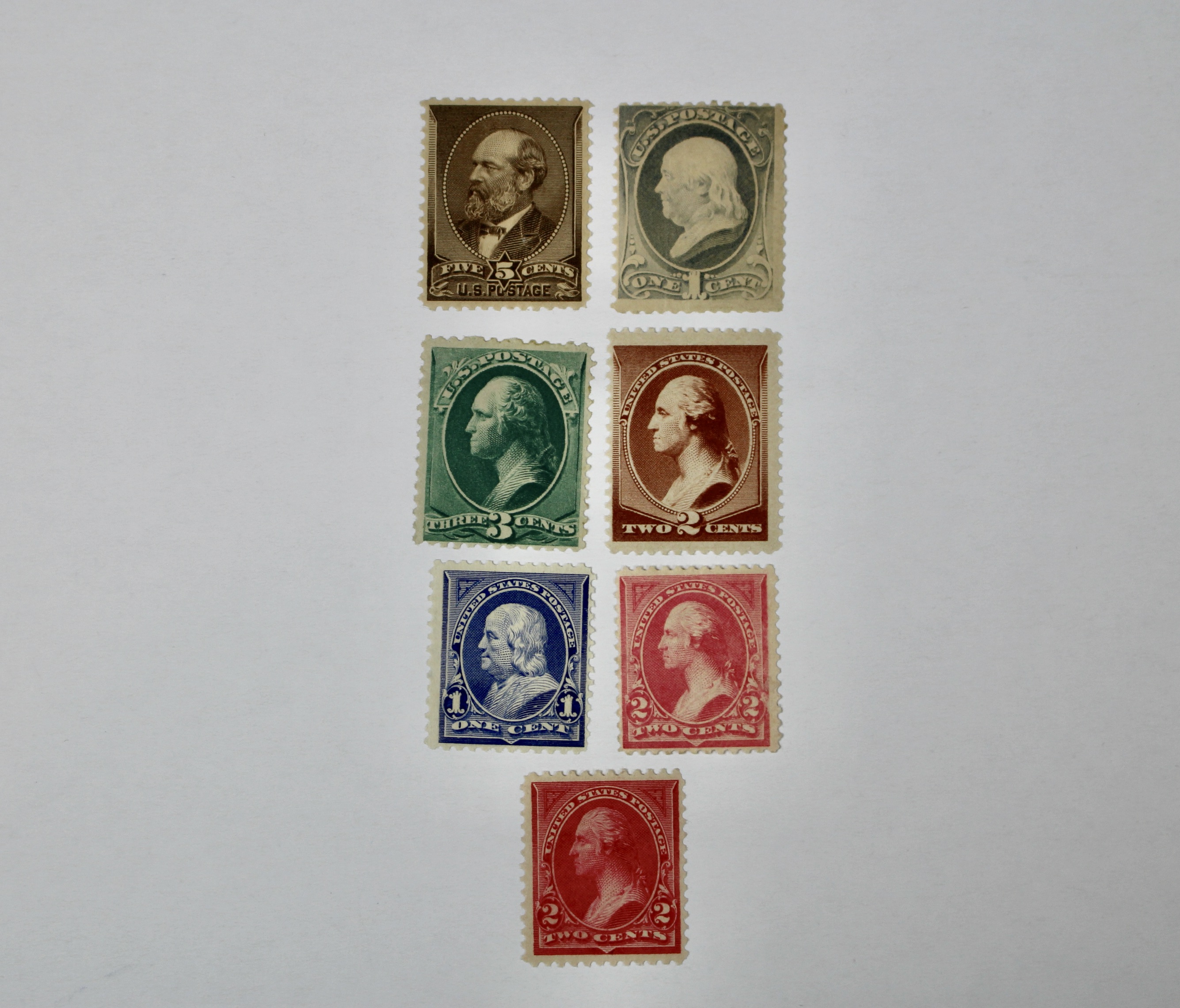 Seven Early Mint Condition U.S. Postage Stamps, Scott 205 to 250