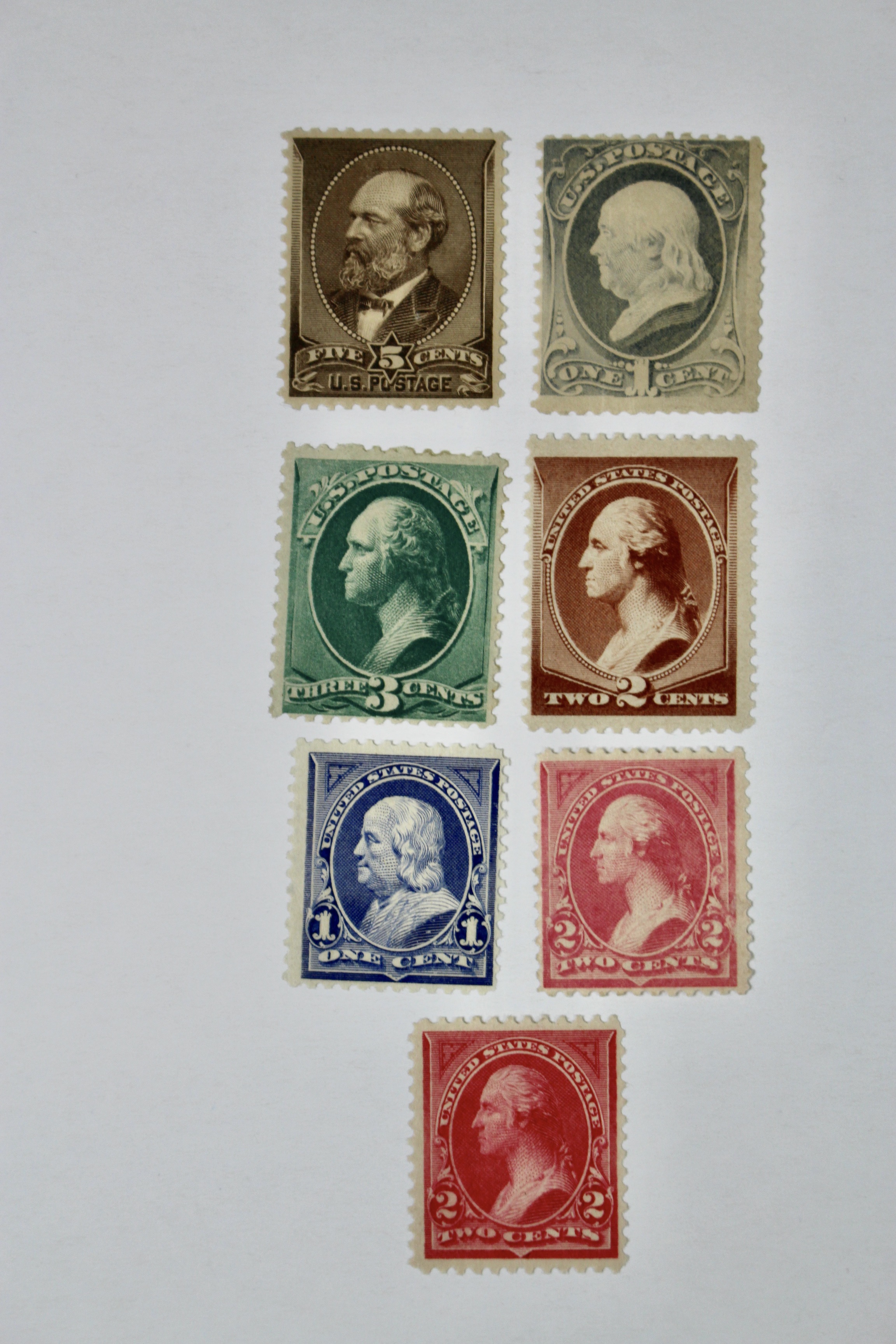 Seven Early Mint Condition U.S. Postage Stamps, Scott 205 to 250