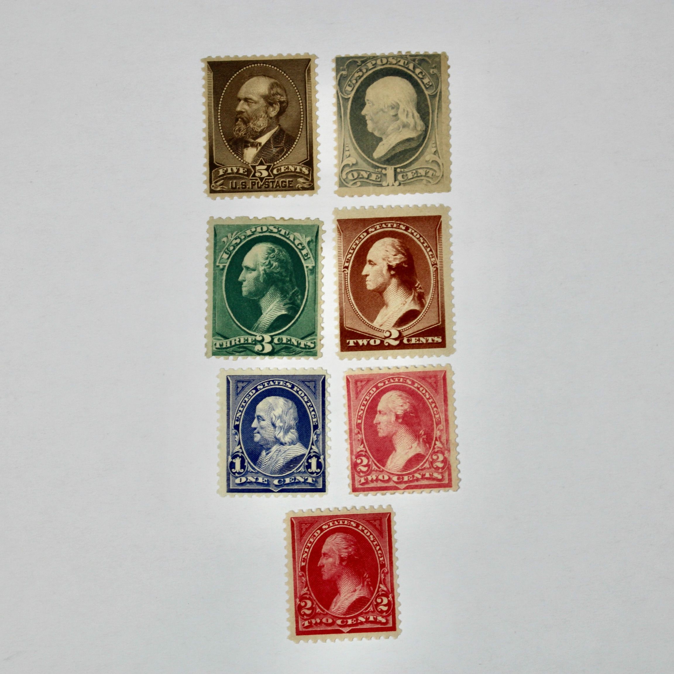 Seven Early Mint Condition U.S. Postage Stamps, Scott 205 to 250