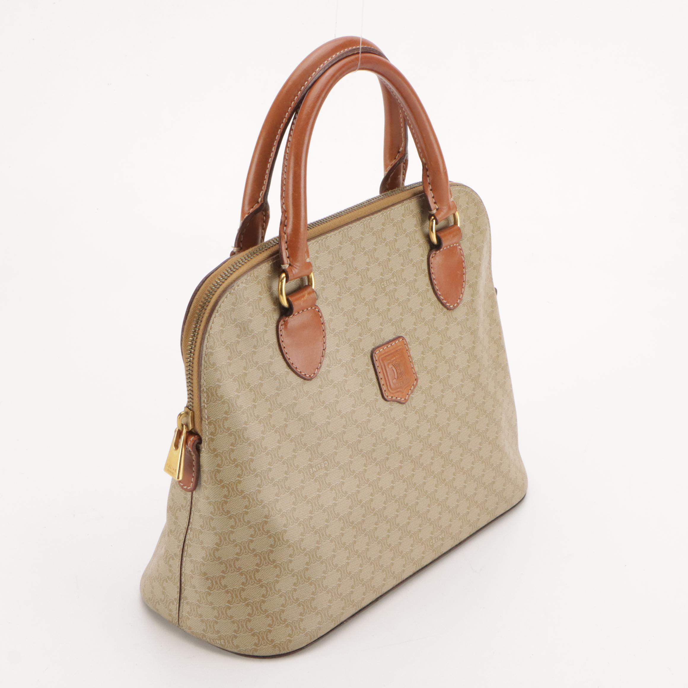 Celine Dome Handbag in Beige Triomphe Macadam Canvas and Brown Leather Trim