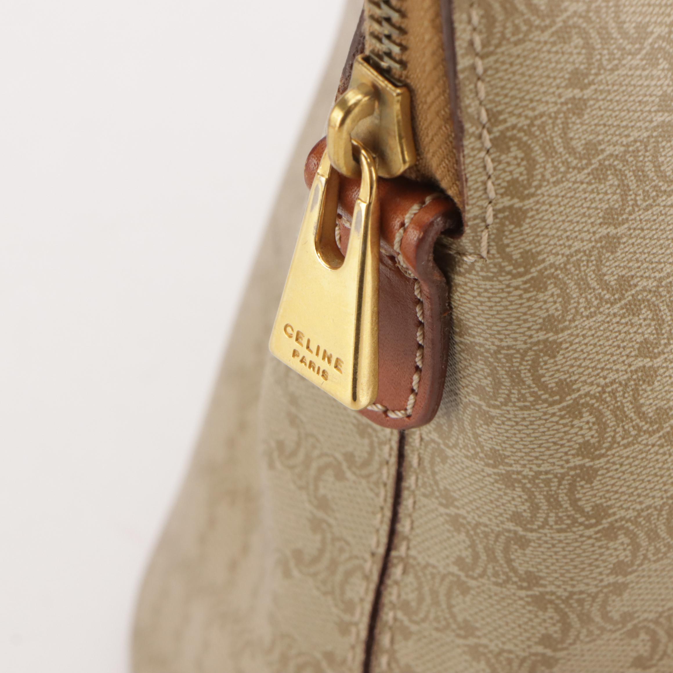 Celine Dome Handbag in Beige Triomphe Macadam Canvas and Brown Leather Trim