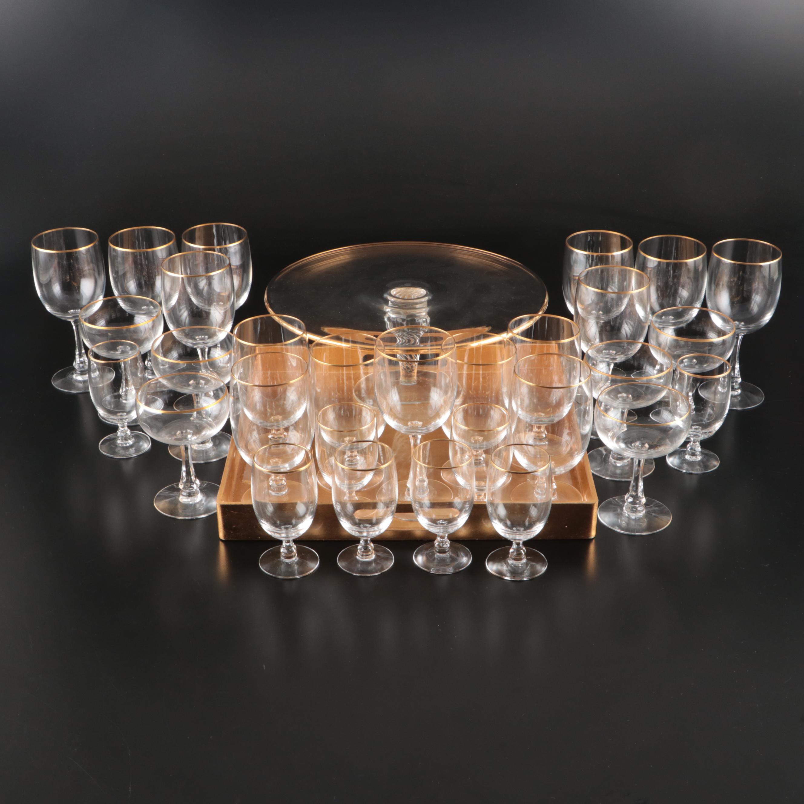 Fostoria "Classic Gold" Glass Stemware with Other Cake Stand and Serving Tray