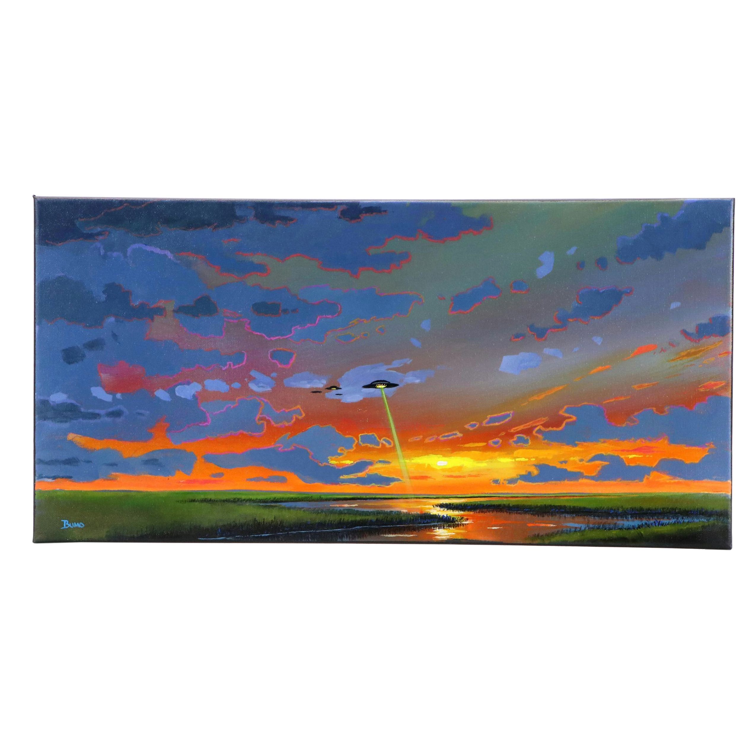 Doug "Bumo" Johnpeer Landscape Oil Painting with UFO, 2025