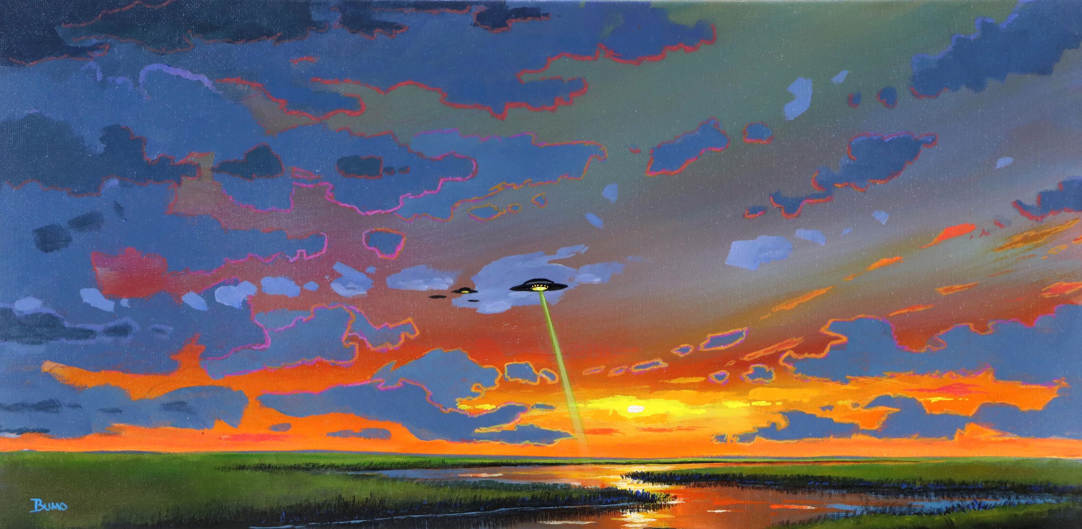 Doug "Bumo" Johnpeer Landscape Oil Painting with UFO, 2025