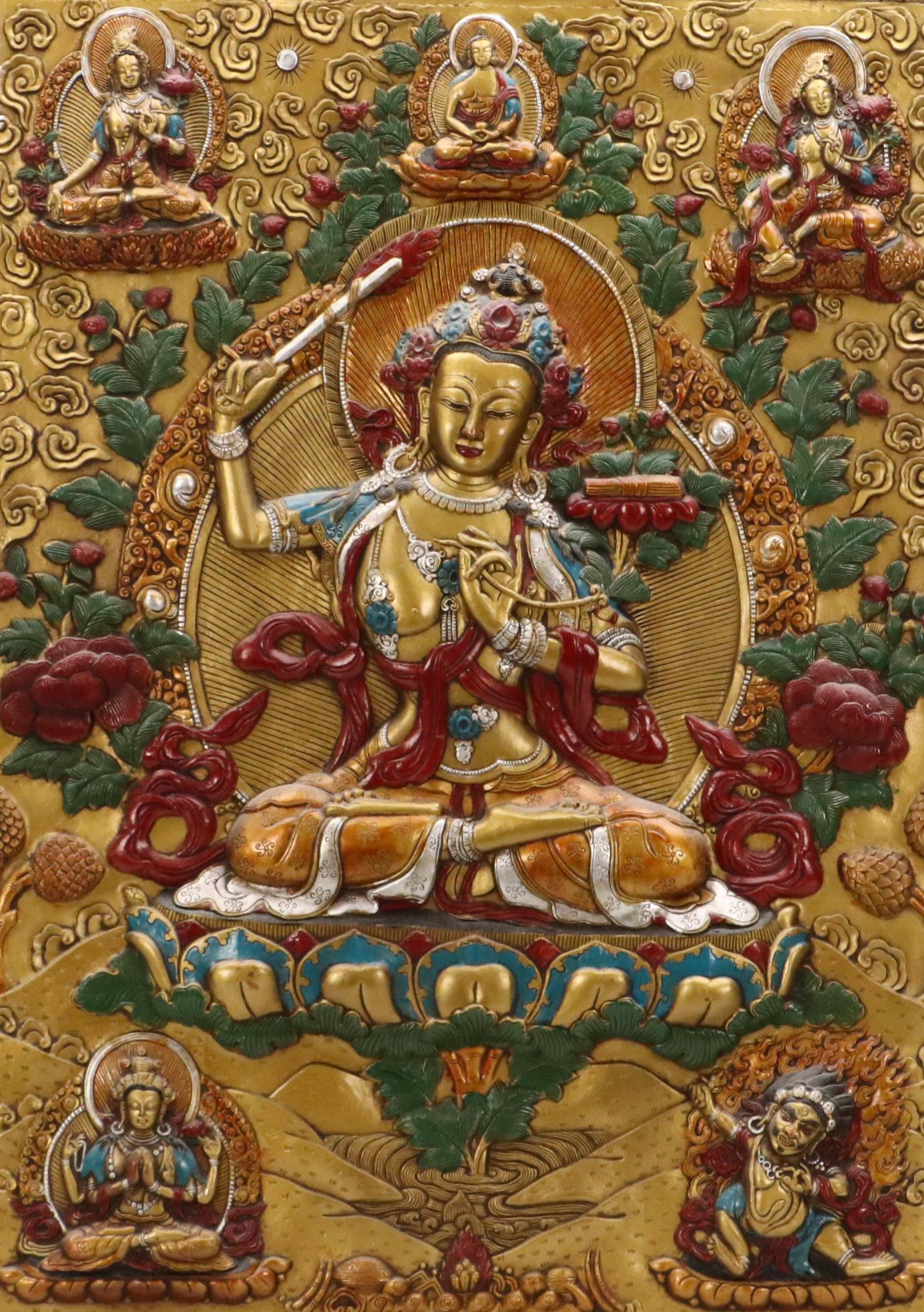 Tibetan Buddhist Hand-Painted Cast Metal Relief Thangka Panels of Deities