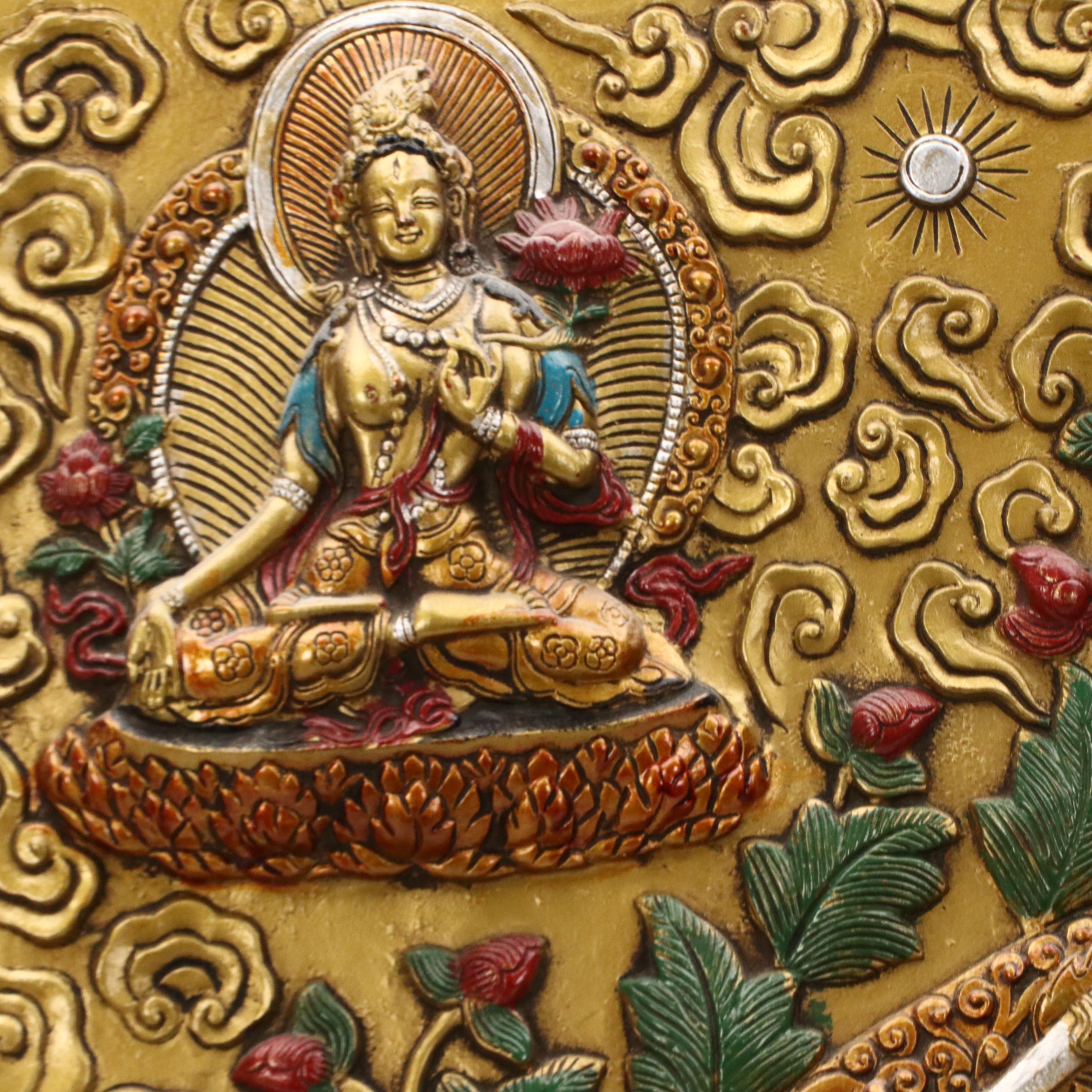 Tibetan Buddhist Hand-Painted Cast Metal Relief Thangka Panels of Deities