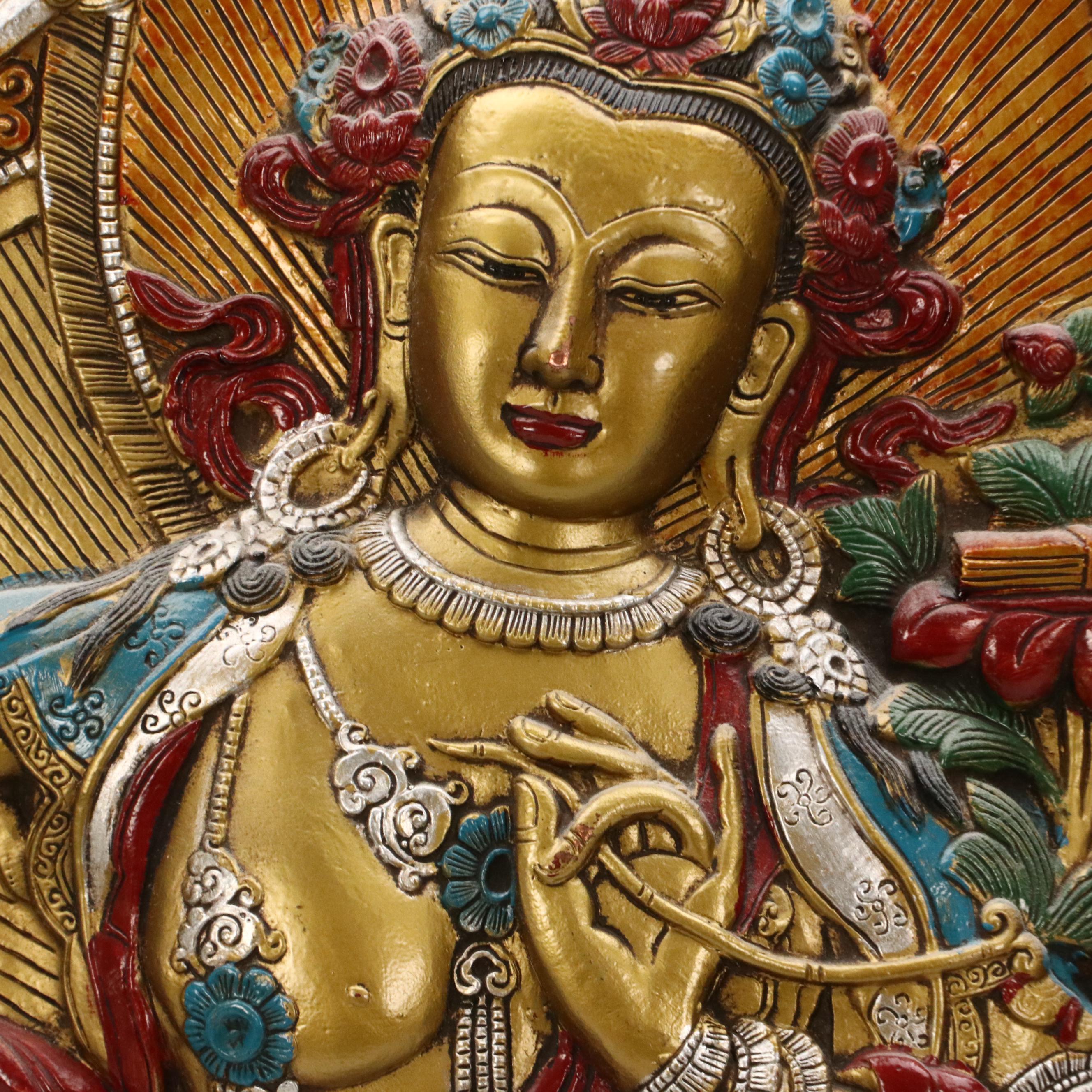 Tibetan Buddhist Hand-Painted Cast Metal Relief Thangka Panels of Deities