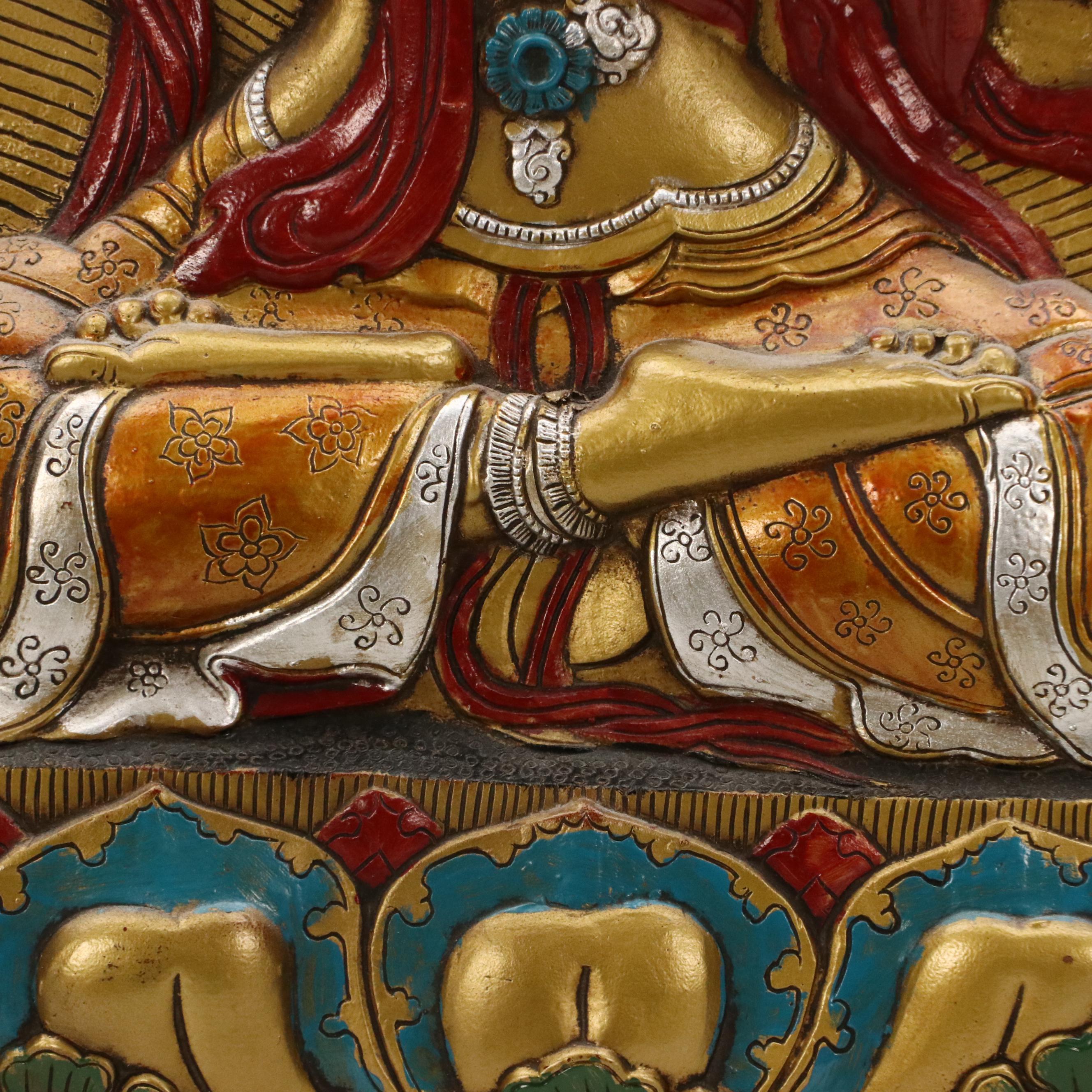 Tibetan Buddhist Hand-Painted Cast Metal Relief Thangka Panels of Deities