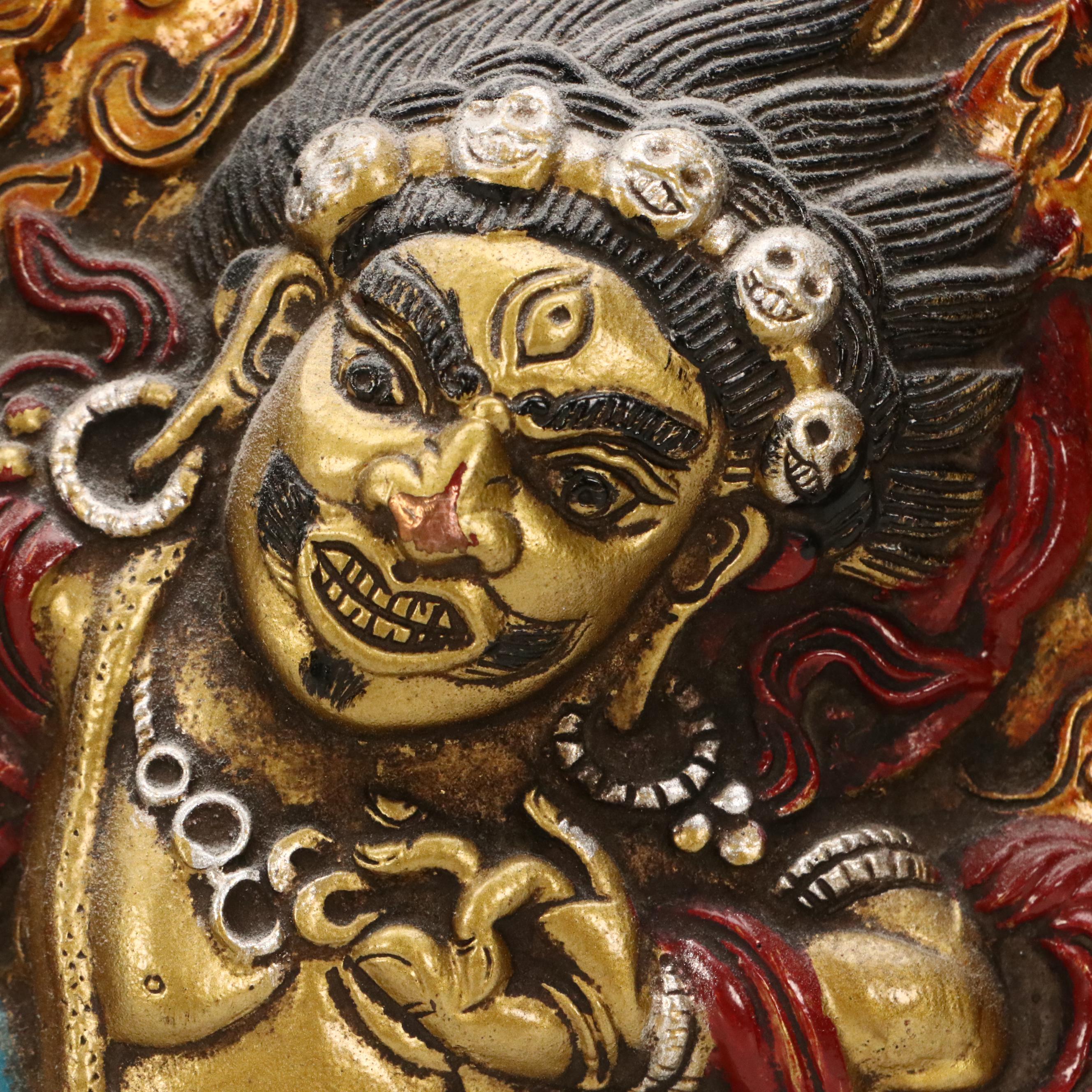 Tibetan Buddhist Hand-Painted Cast Metal Relief Thangka Panels of Deities