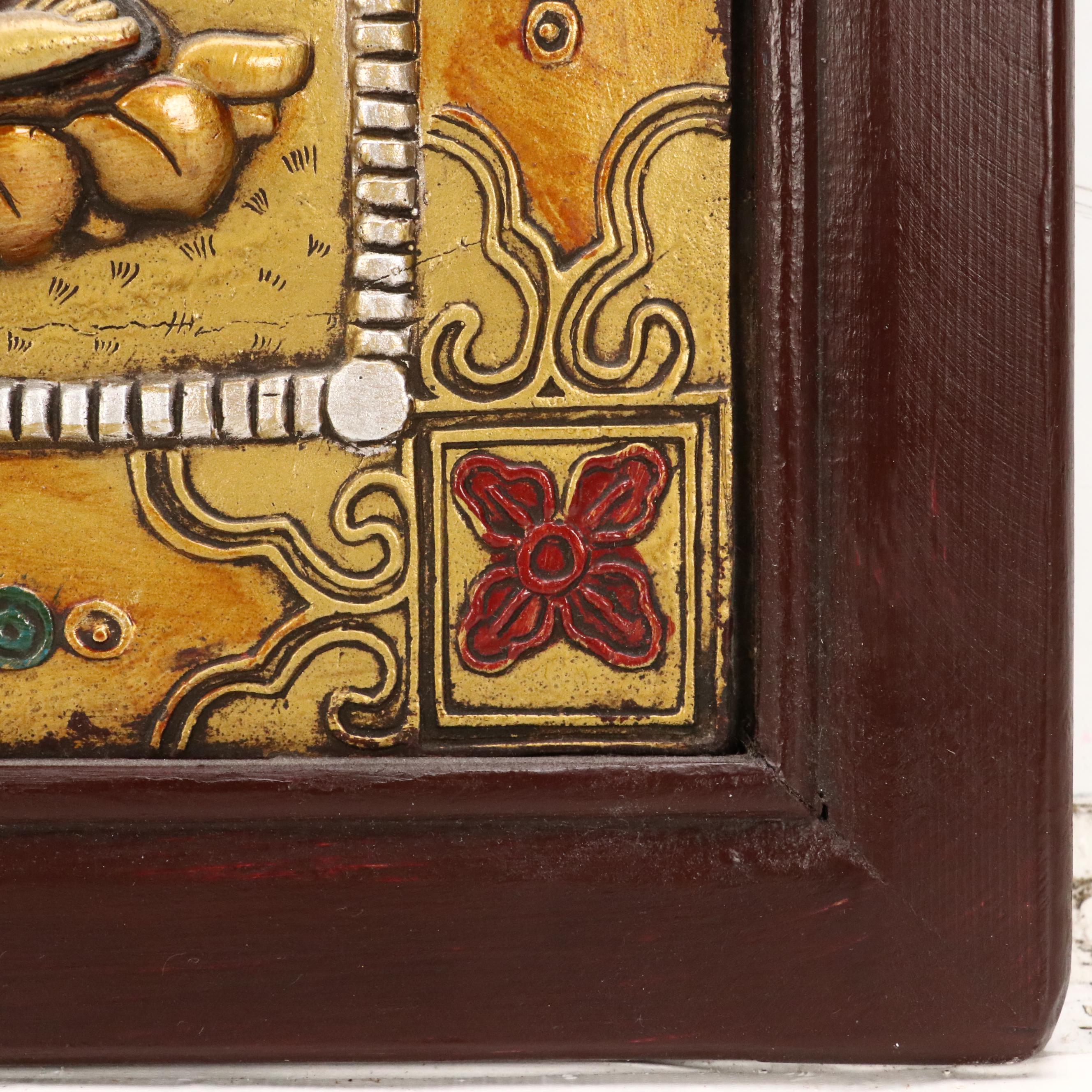 Tibetan Buddhist Hand-Painted Cast Metal Relief Thangka Panels of Deities