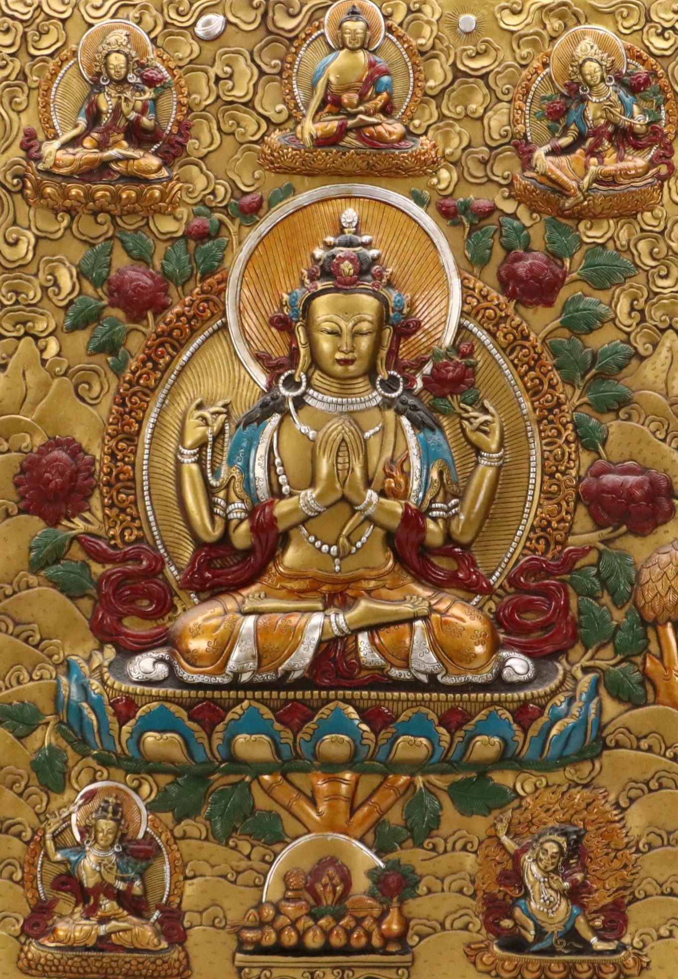 Tibetan Buddhist Hand-Painted Cast Metal Relief Thangka Panels of Deities