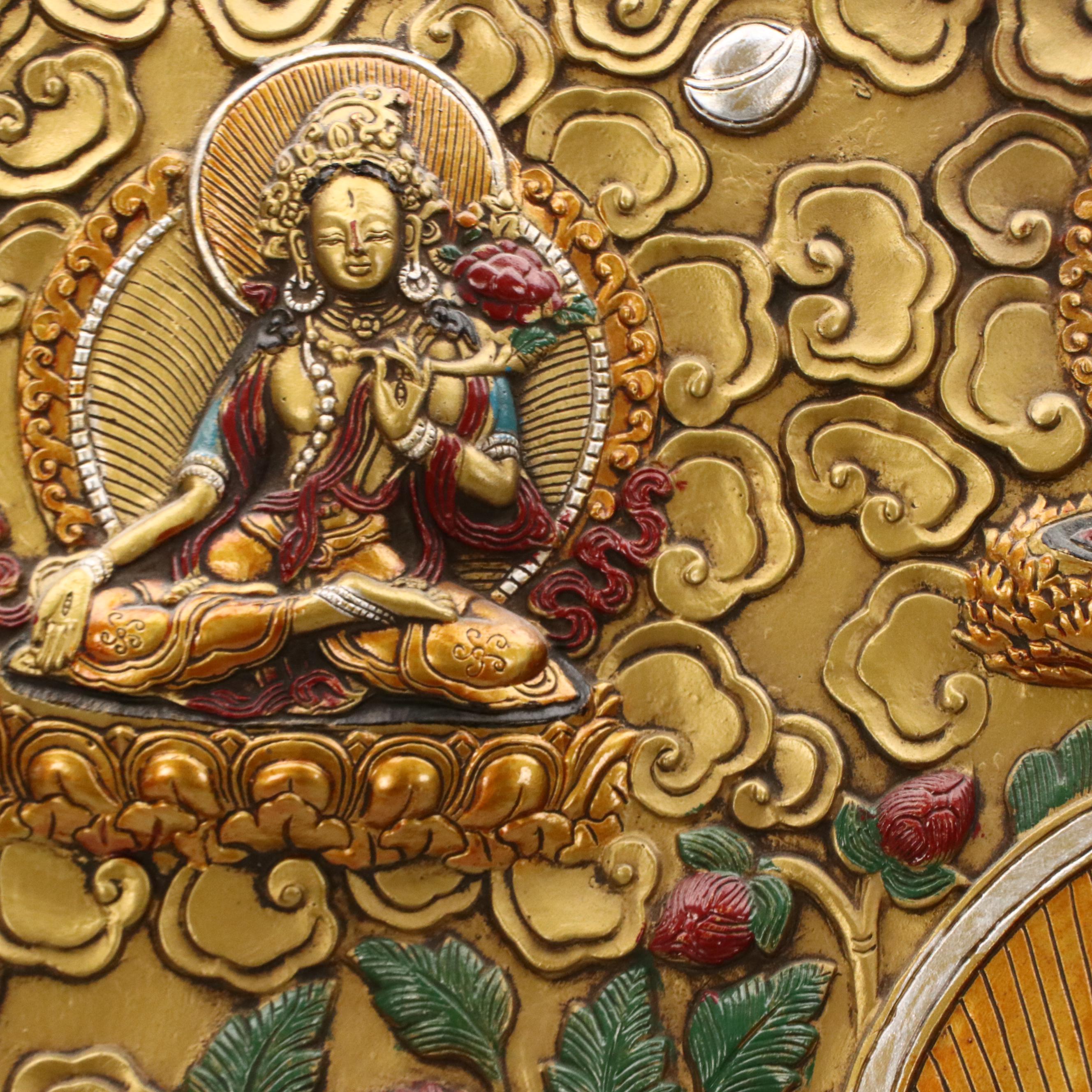 Tibetan Buddhist Hand-Painted Cast Metal Relief Thangka Panels of Deities