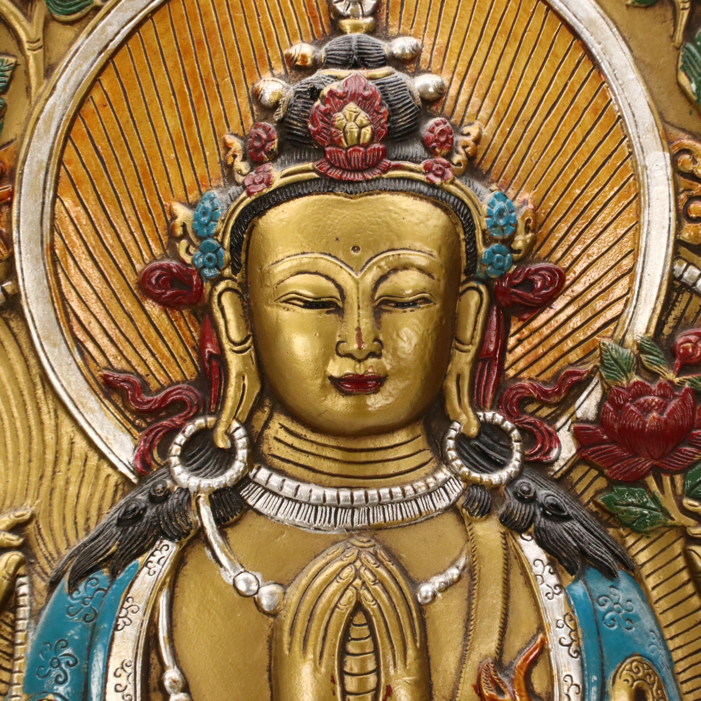 Tibetan Buddhist Hand-Painted Cast Metal Relief Thangka Panels of Deities