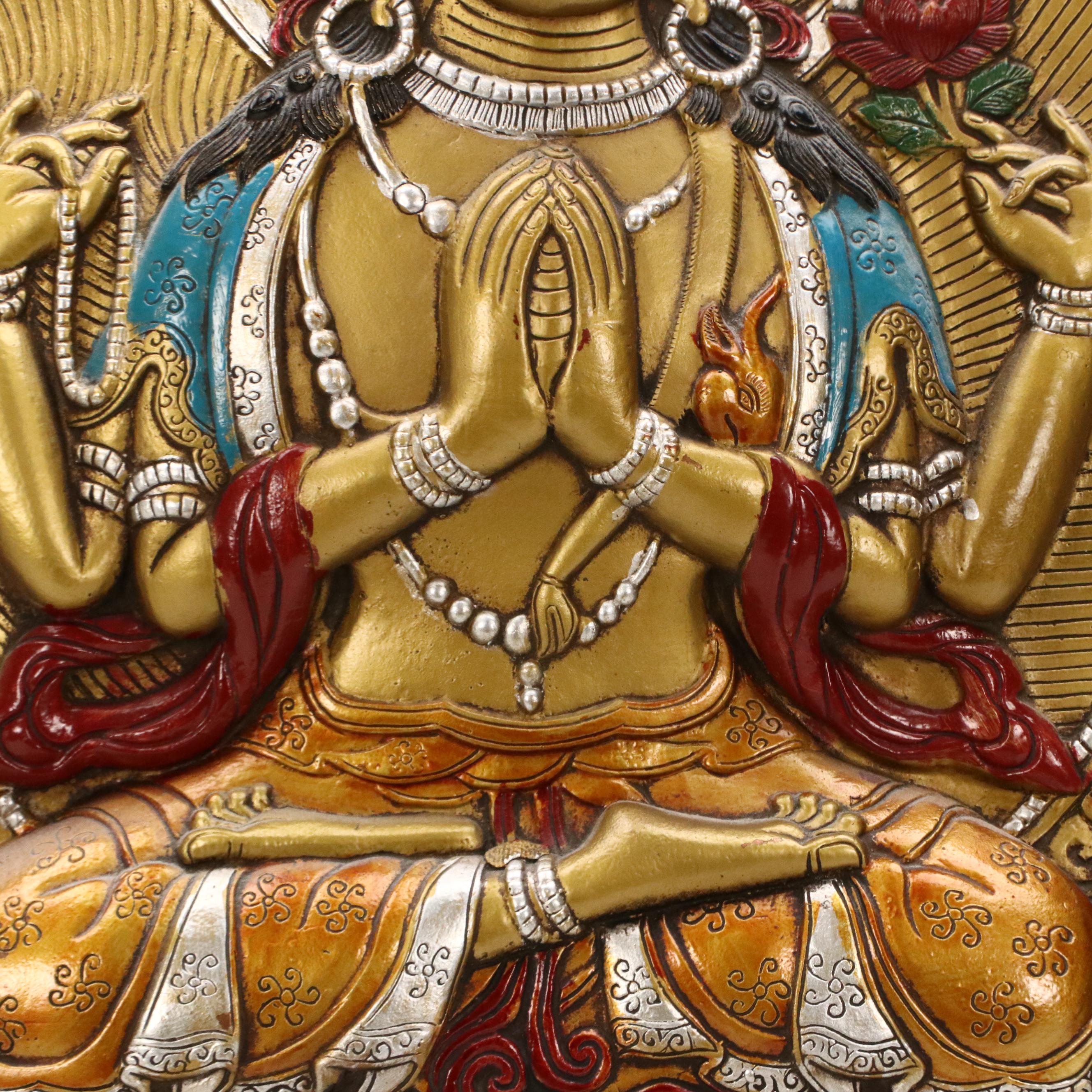 Tibetan Buddhist Hand-Painted Cast Metal Relief Thangka Panels of Deities