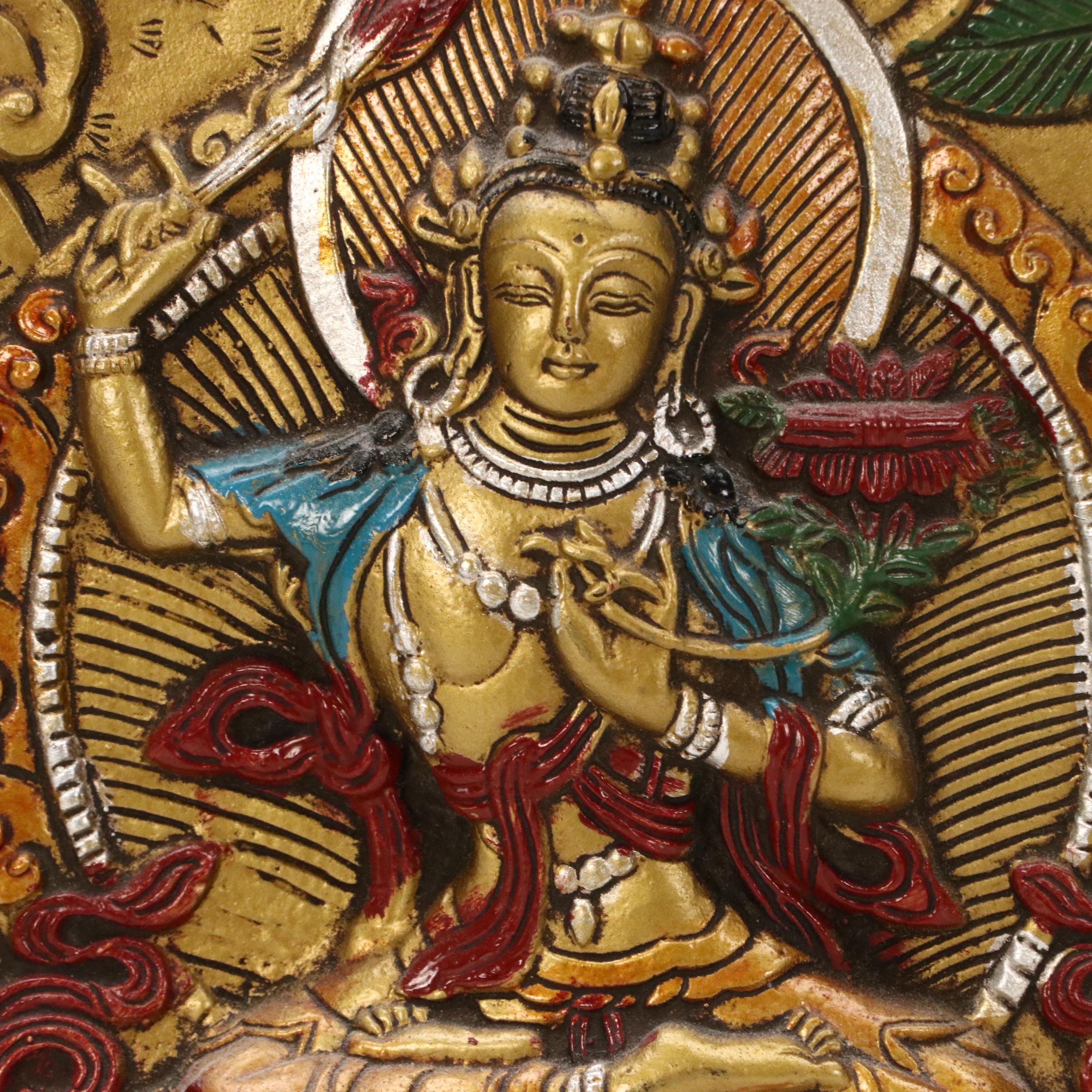 Tibetan Buddhist Hand-Painted Cast Metal Relief Thangka Panels of Deities
