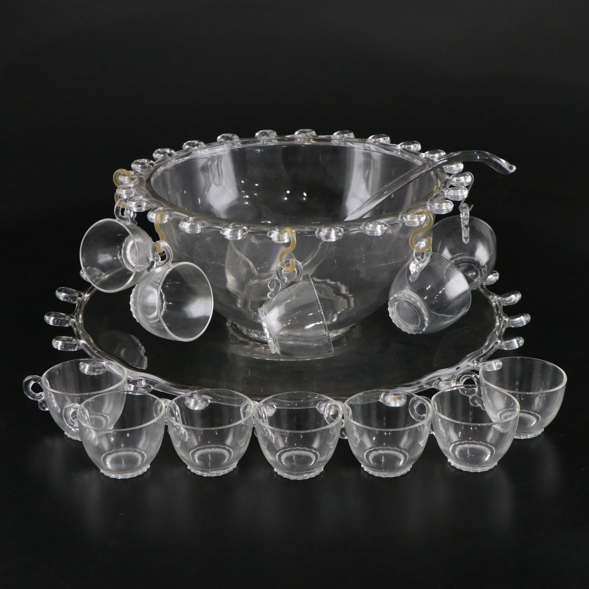 Heisey "Lariat" Glass Punch Bowl, Underplate, Ladle, and 12 Cups