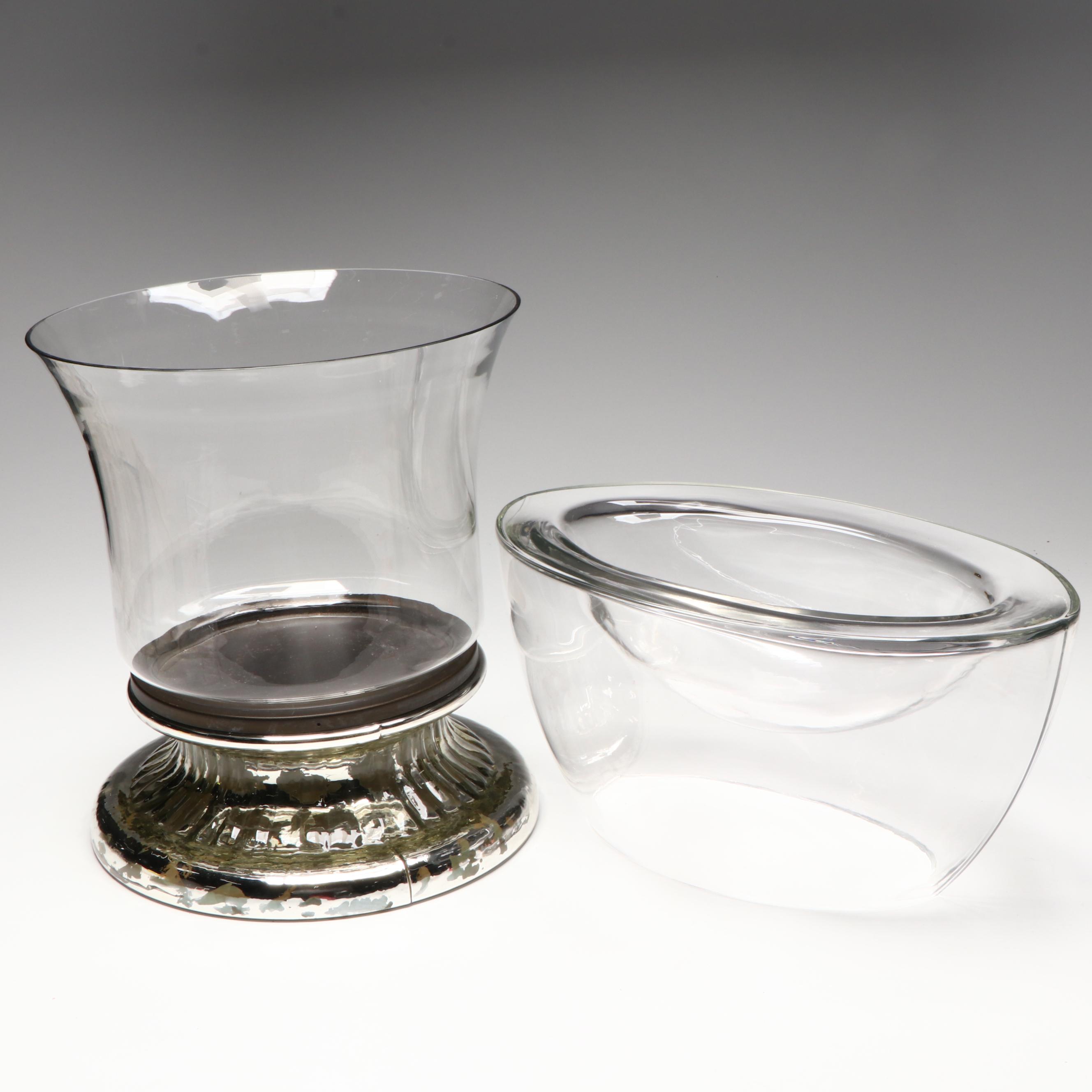 Pottery Barn Glass and Metal Hurricane with Large Glass Bowl