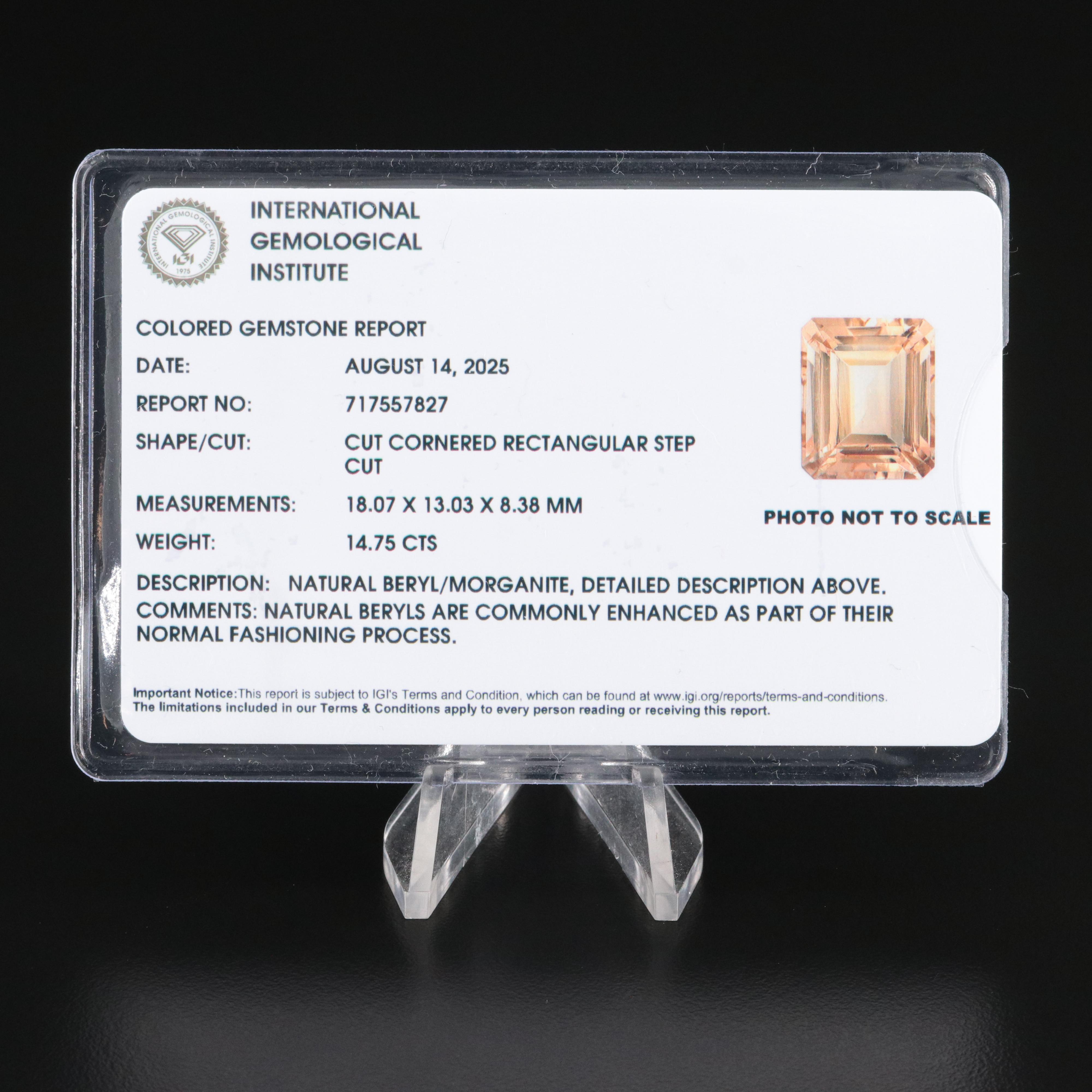 Loose 14.75 CT Morganite with IGI Report