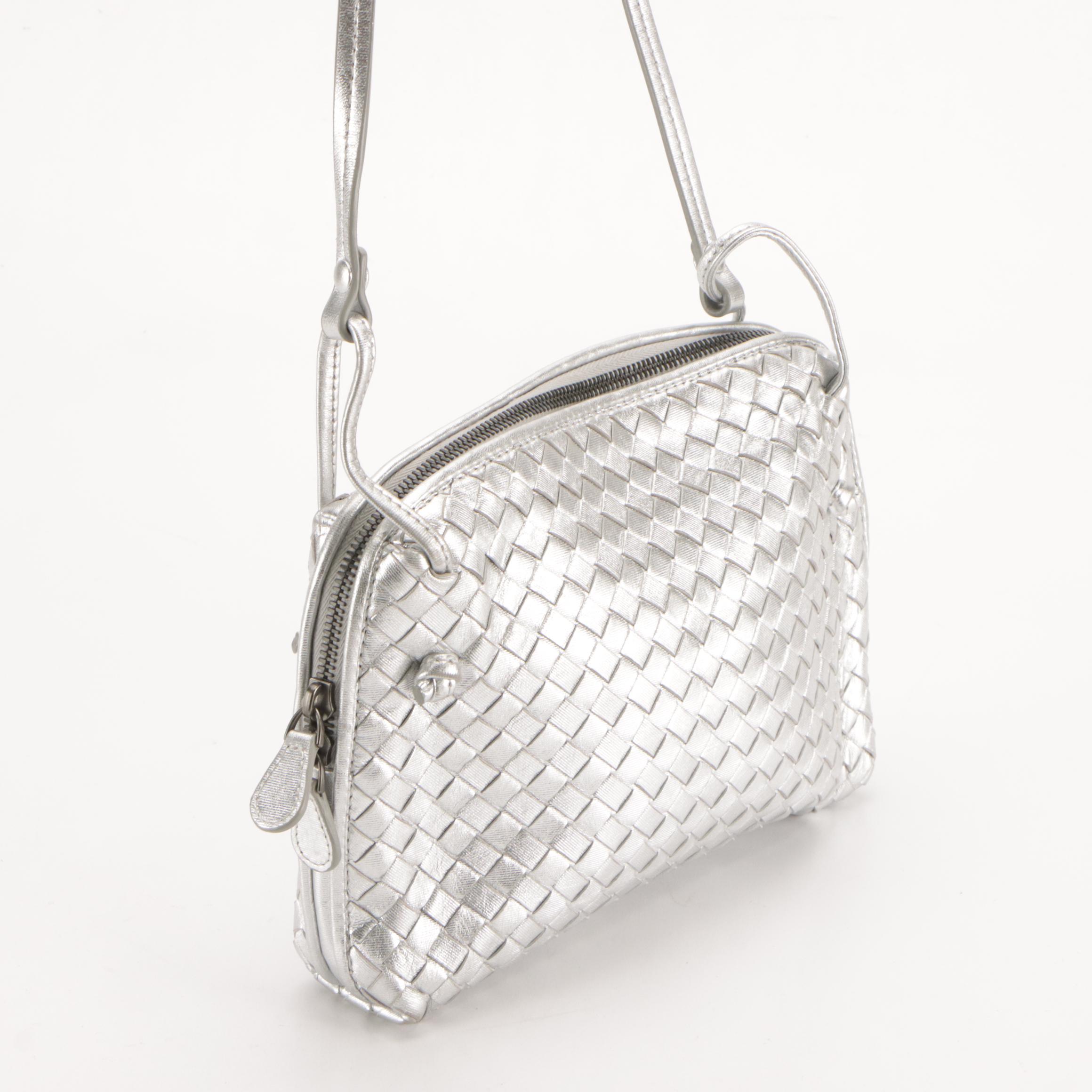 Bottega Veneta Zippered Crossbody Bag in Silver Metallic Intrecciato Leather