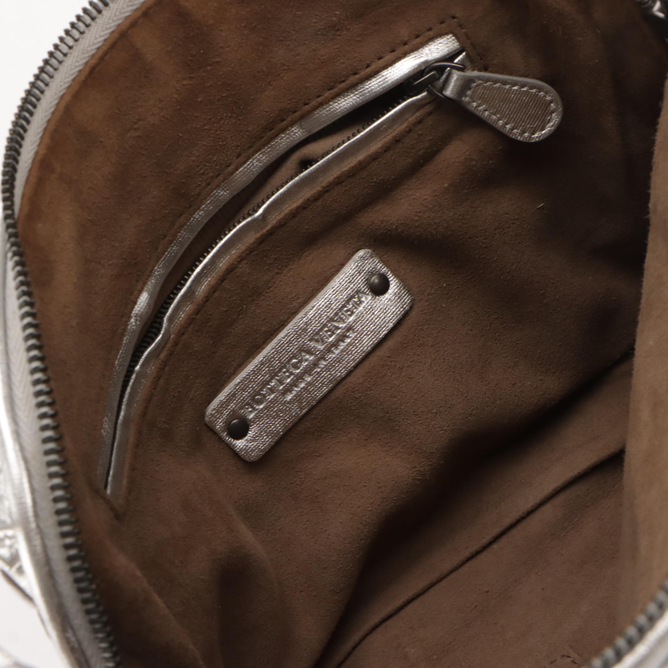 Bottega Veneta Zippered Crossbody Bag in Silver Metallic Intrecciato Leather