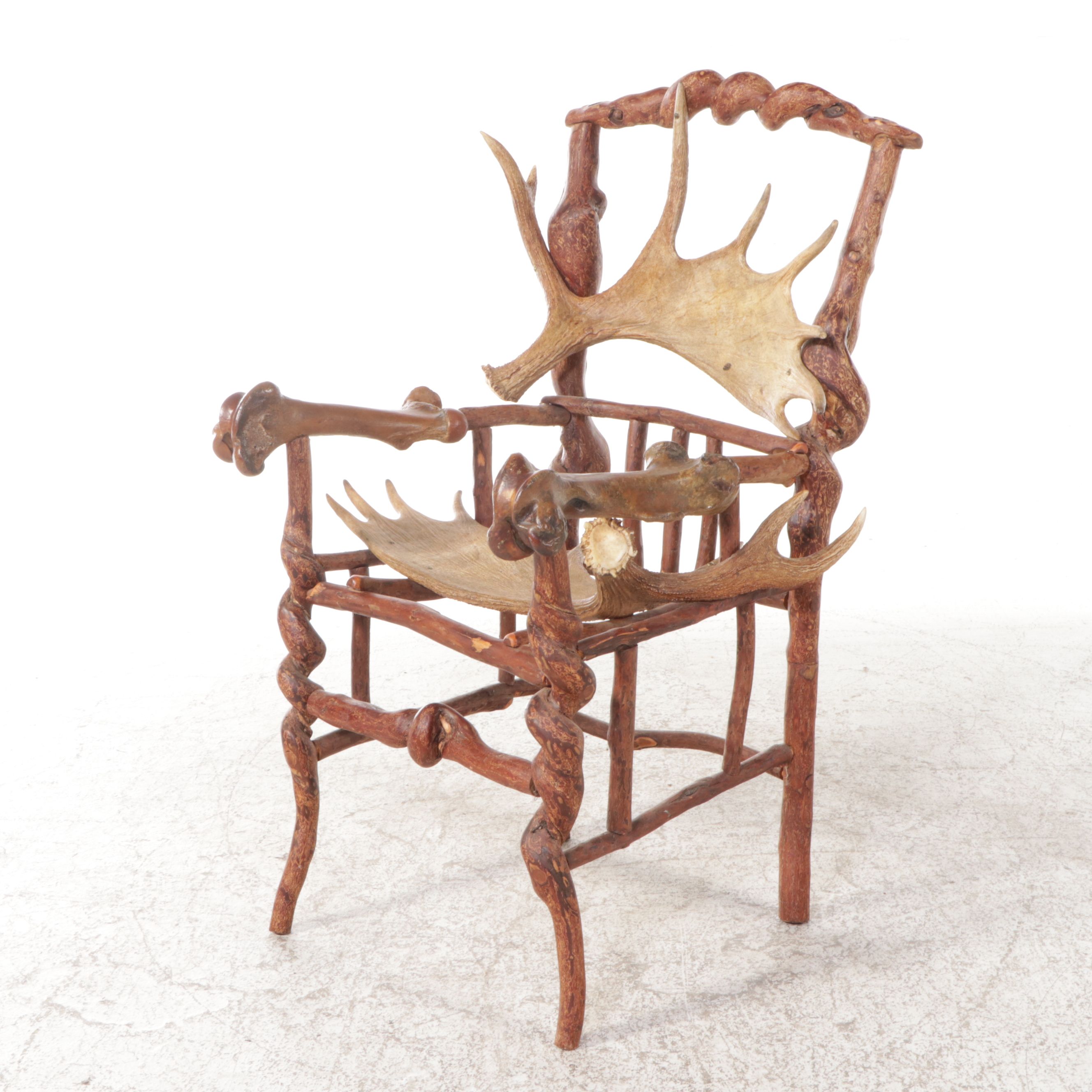 Adirondack Style Handcrafted Root Wood Armchair with Moose Antler Seat & Back
