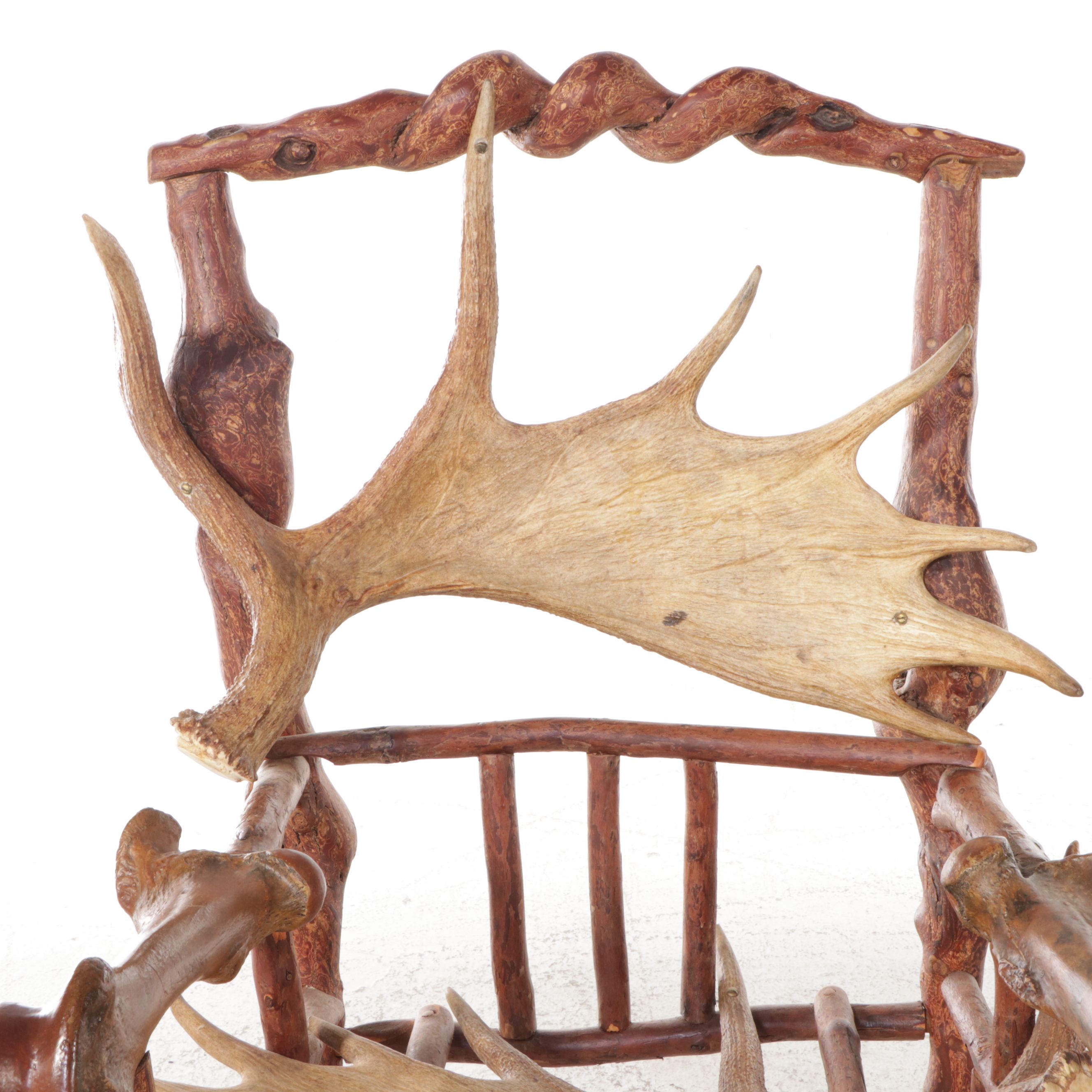 Adirondack Style Handcrafted Root Wood Armchair with Moose Antler Seat & Back