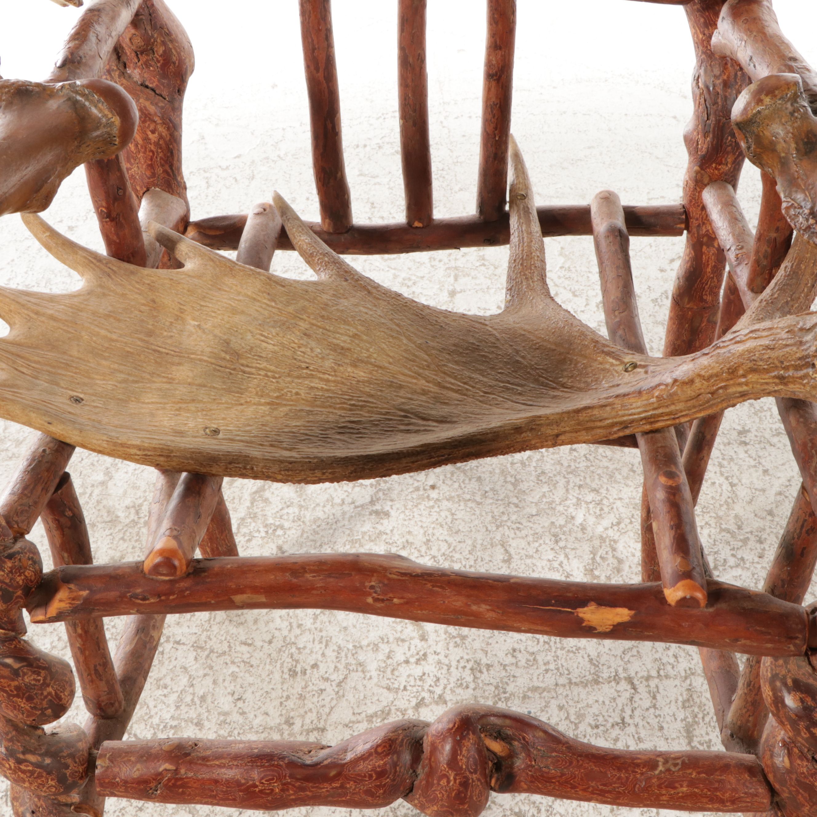 Adirondack Style Handcrafted Root Wood Armchair with Moose Antler Seat & Back