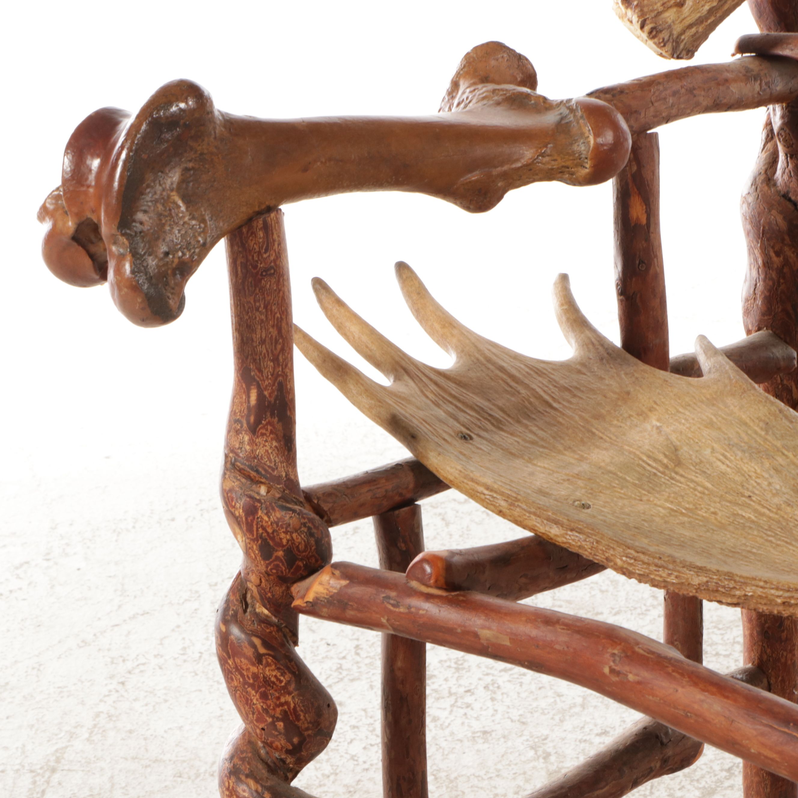 Adirondack Style Handcrafted Root Wood Armchair with Moose Antler Seat & Back