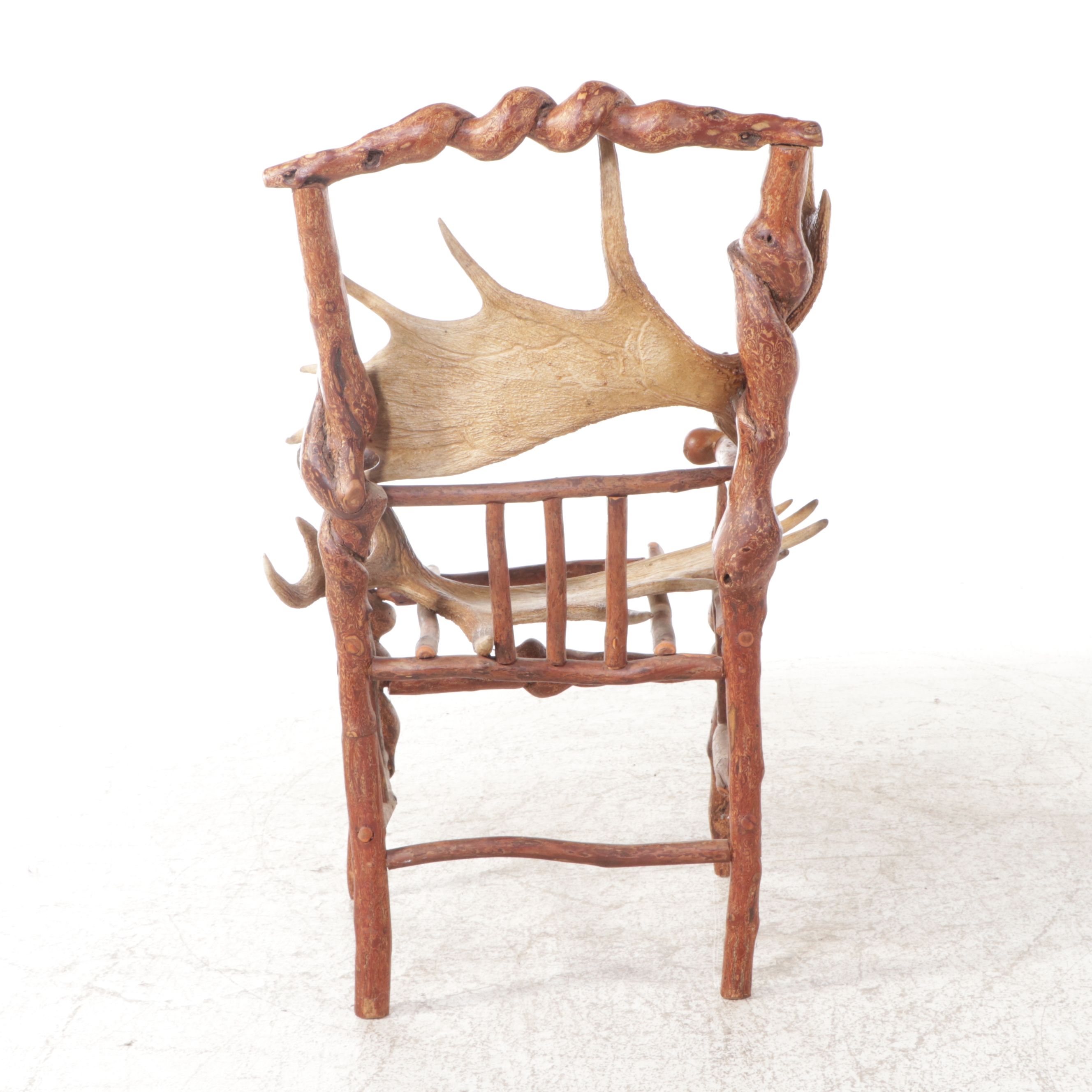 Adirondack Style Handcrafted Root Wood Armchair with Moose Antler Seat & Back