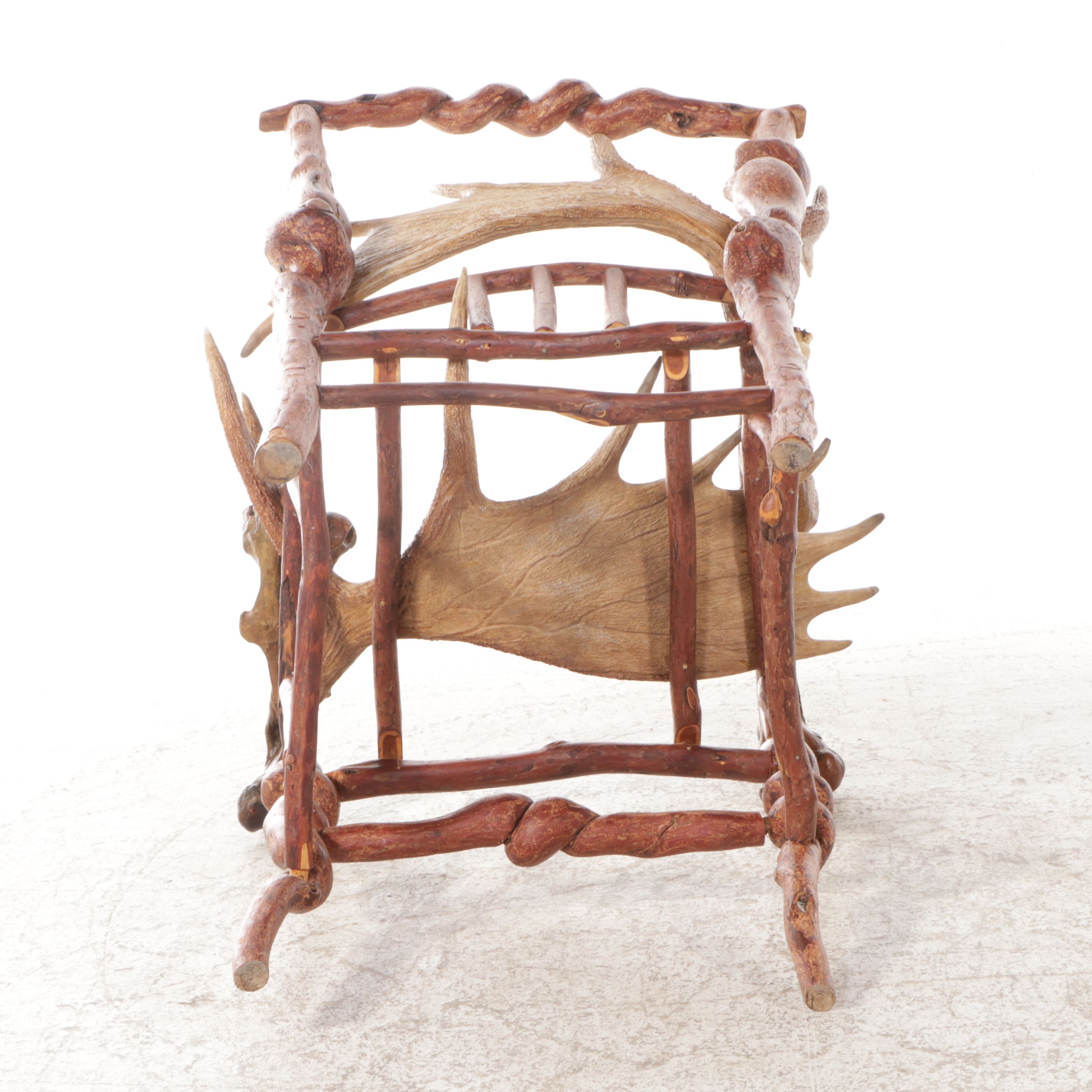 Adirondack Style Handcrafted Root Wood Armchair with Moose Antler Seat & Back